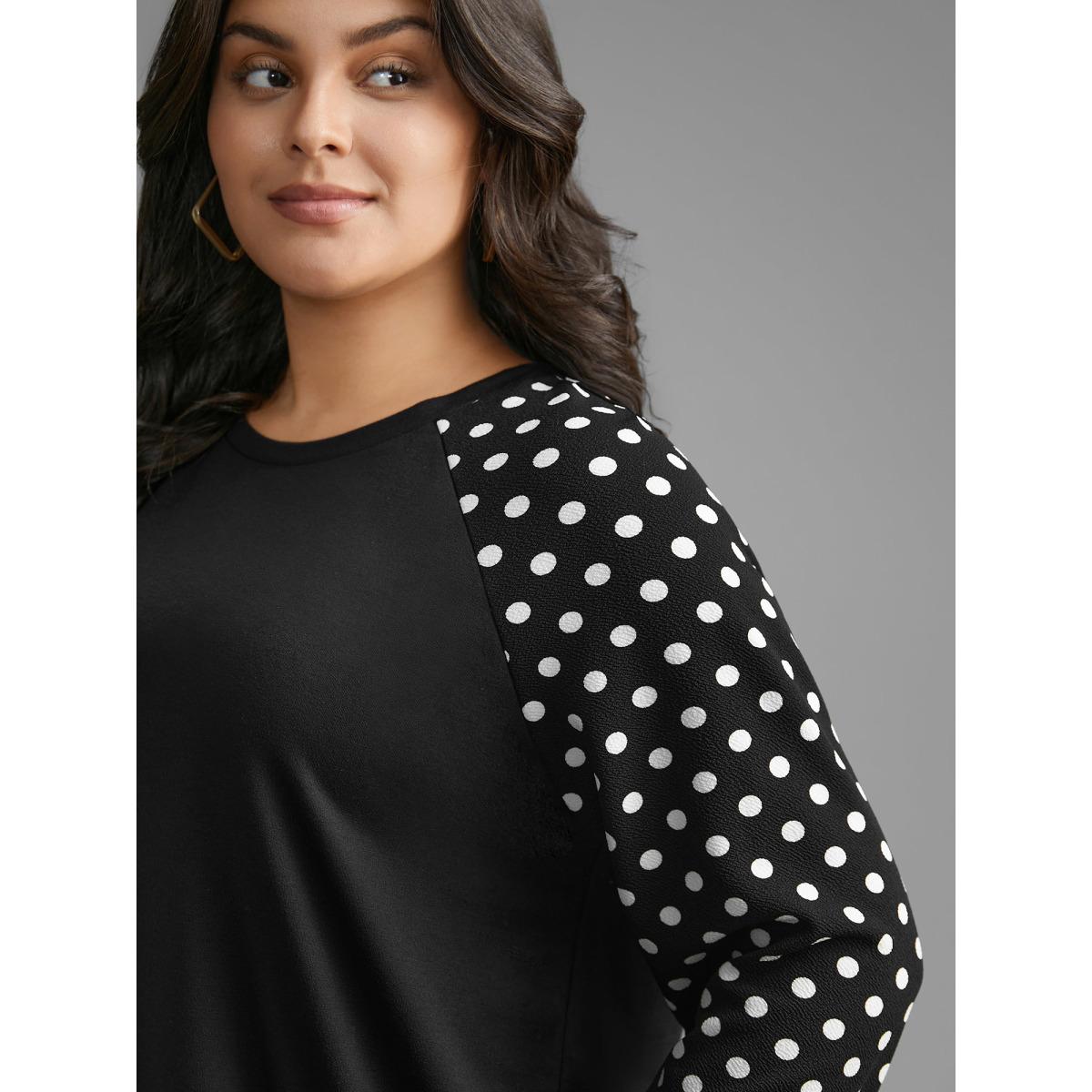 Plus Size Polka Dot Patchwork Raglan Sleeve Sweatshirt Women Black Casual Contrast Loose Round Neck Everyday Sweatshirts BloomChic 18-20/2X Product Image