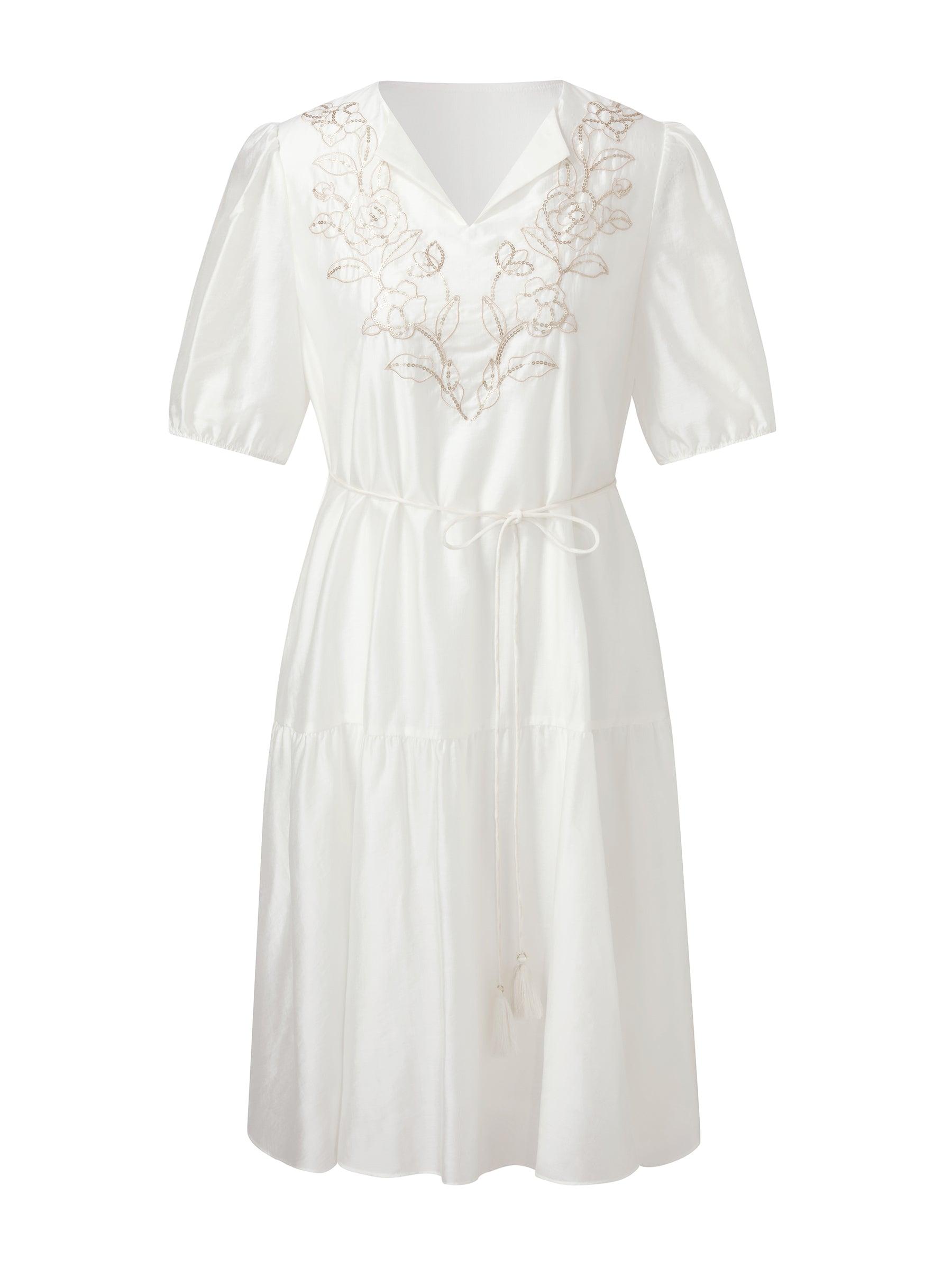 Tencel Blend Sequins Embroidered Women Midi Dress With Tie String Belt Product Image