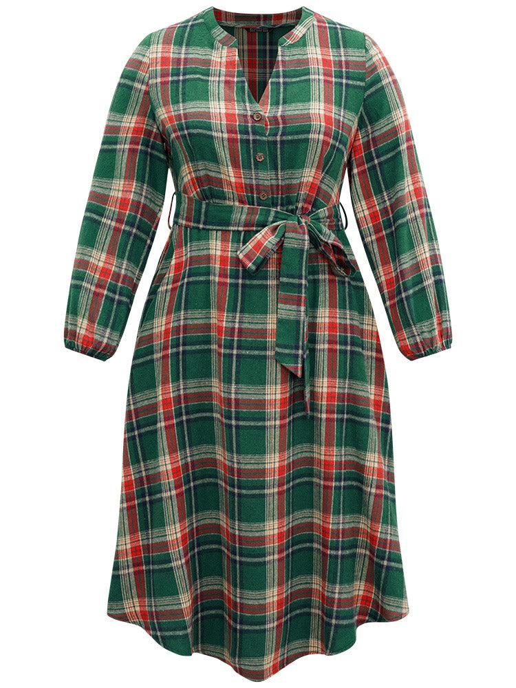 Plaid Notched Belted Pocket Curved Hem Dress Female Product Image
