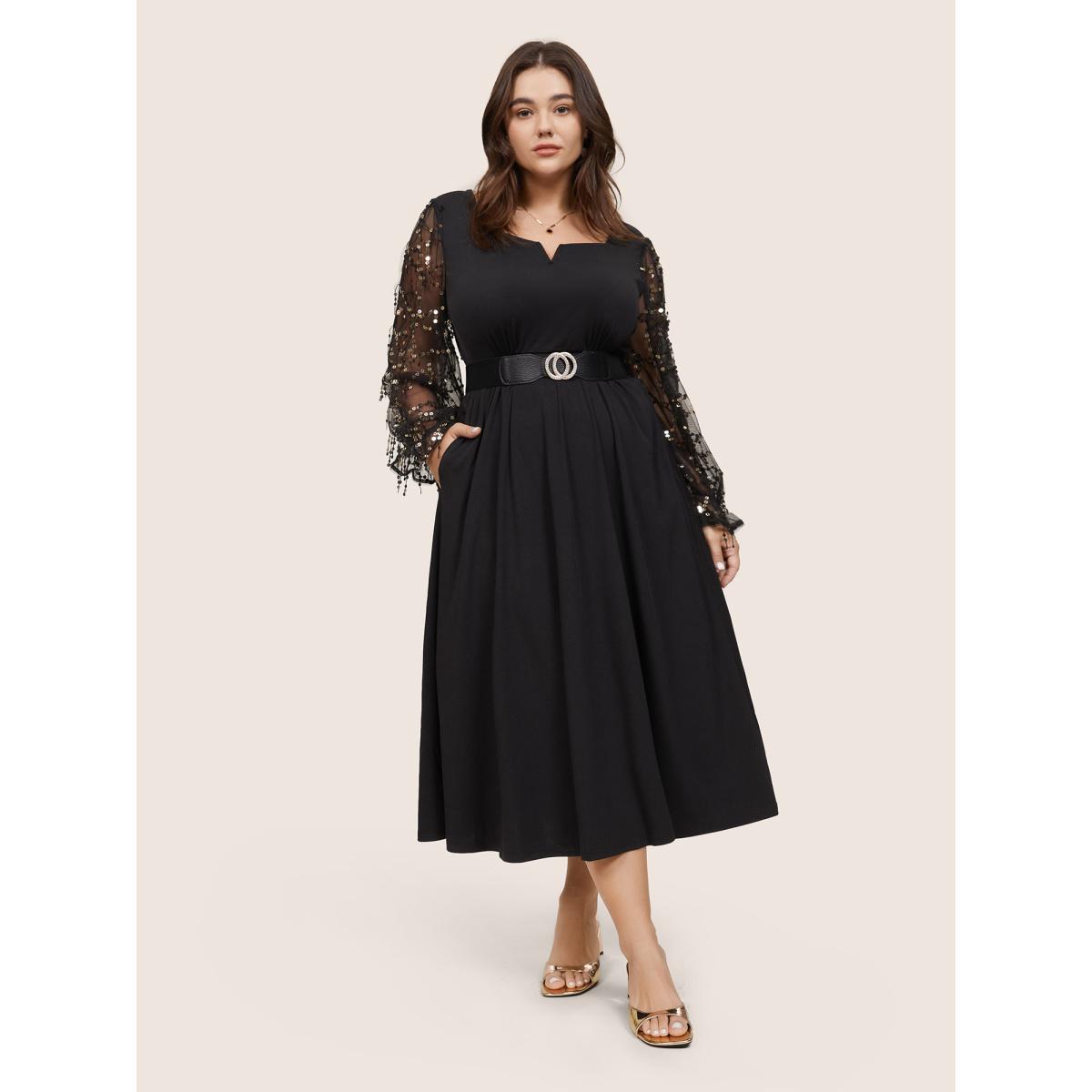 Plus Size Notched Mesh Gathered Sequin Tassel Trim Dress Black Women Glamour Sequin Notched collar Long Sleeve Curvy Midi Dress BloomChic 14-16/1X Product Image