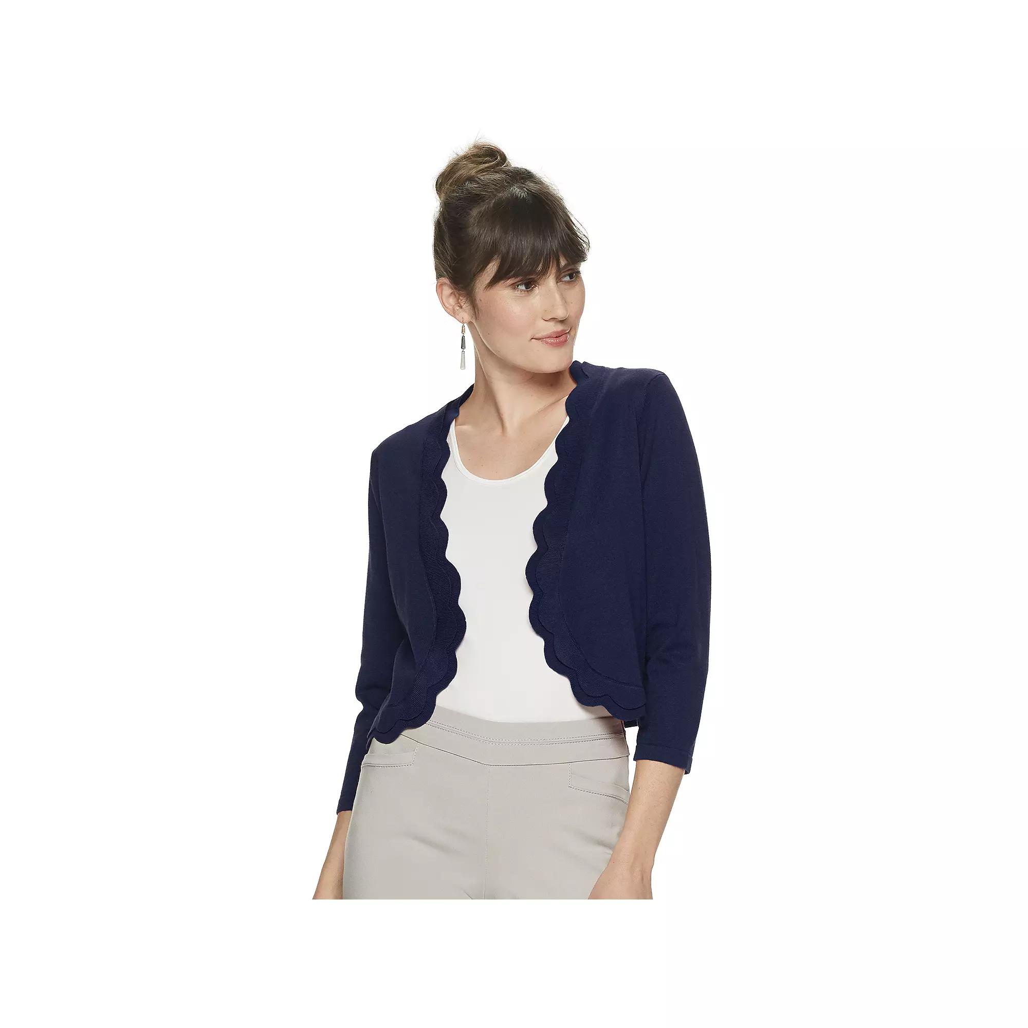 Plus Size Nina Leonard Scallop-Trim Bolero Cardigan, Womens Product Image