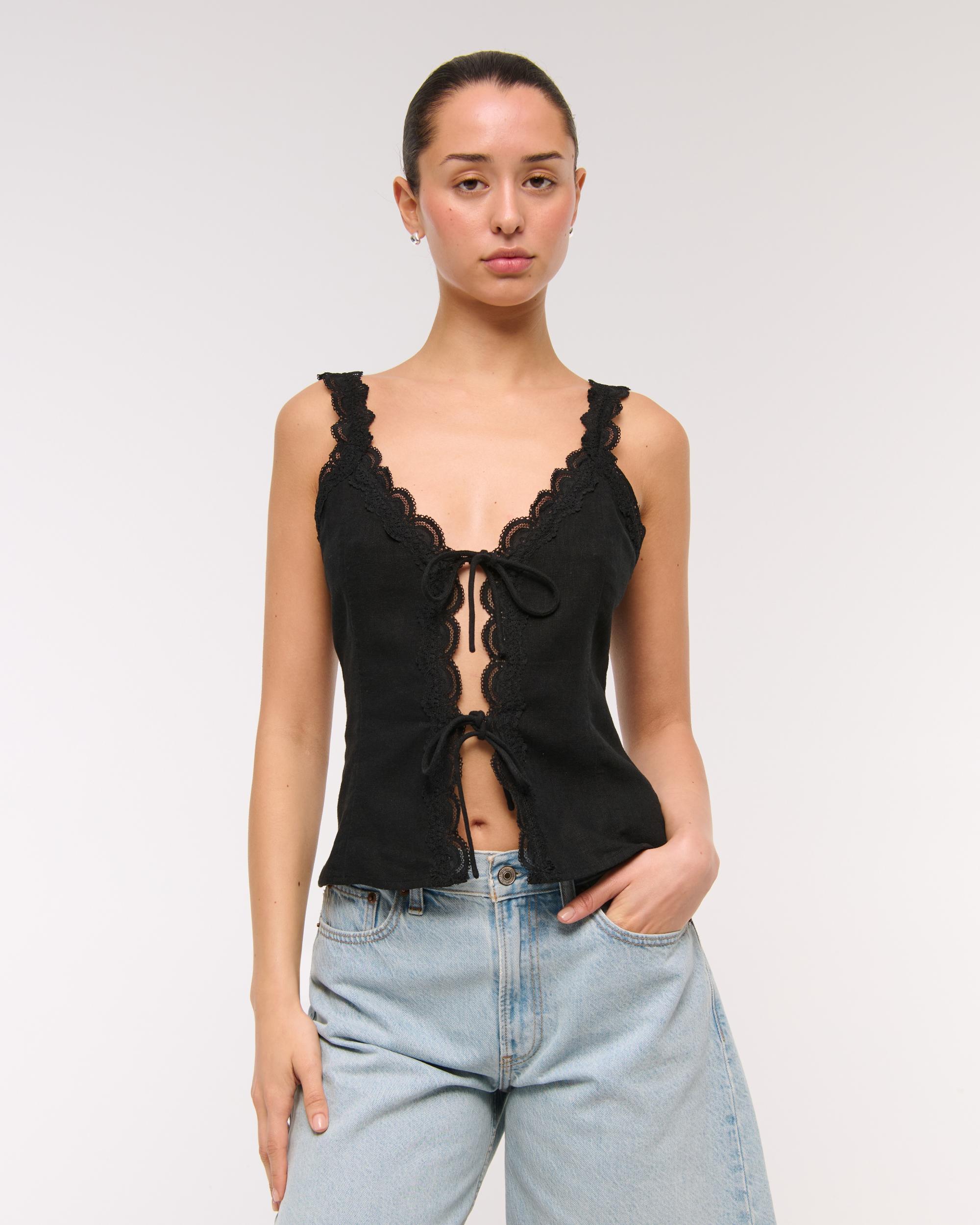 Lace-Trim Tie-Front Peplum Top Product Image