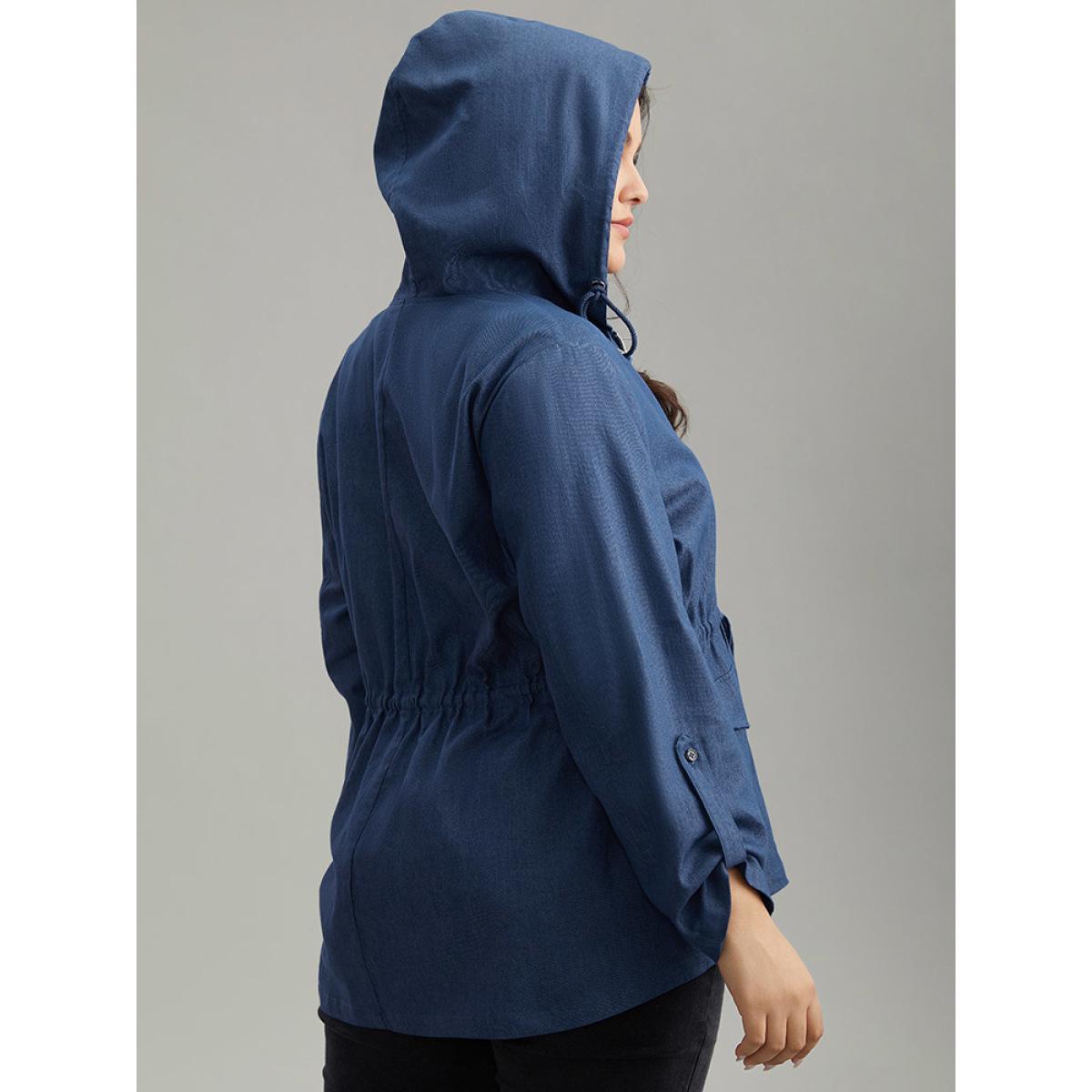 Plus Size Solid Drawstring Knot Zipper Windbreaker Women Indigo Plain Pocket Everyday Jackets BloomChic 12/L Product Image