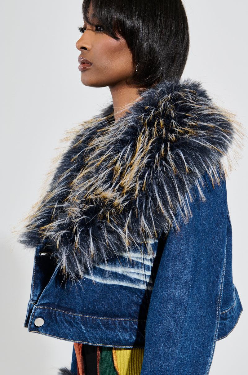 AD ASTRA FUR TRIM JACKET IN DARK BLUE DENIM Product Image