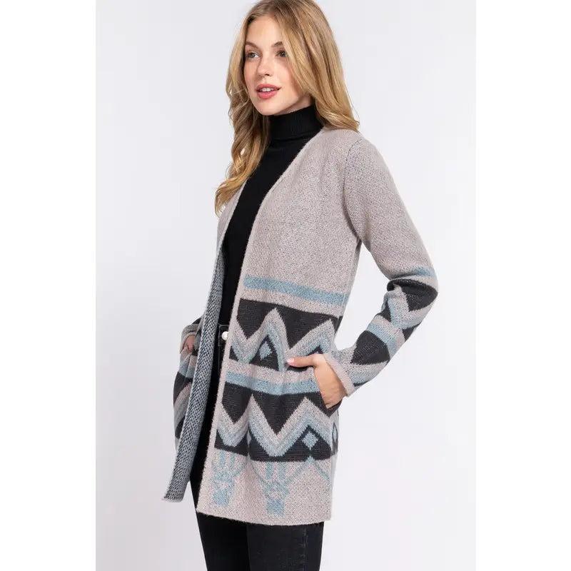 Women's Long Sleeve Gray Southwest Print Cardigan Sweater Product Image