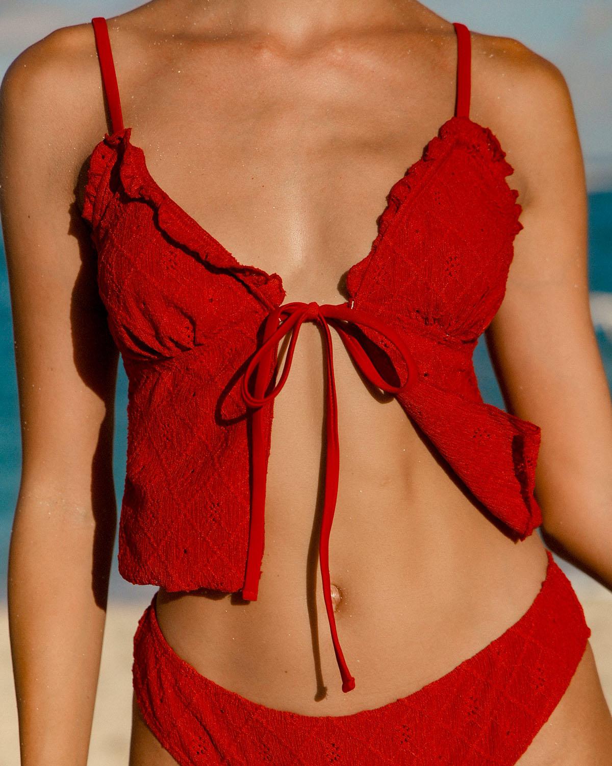 Red Front Tie Tankini Three-Piece Tankini Set Product Image