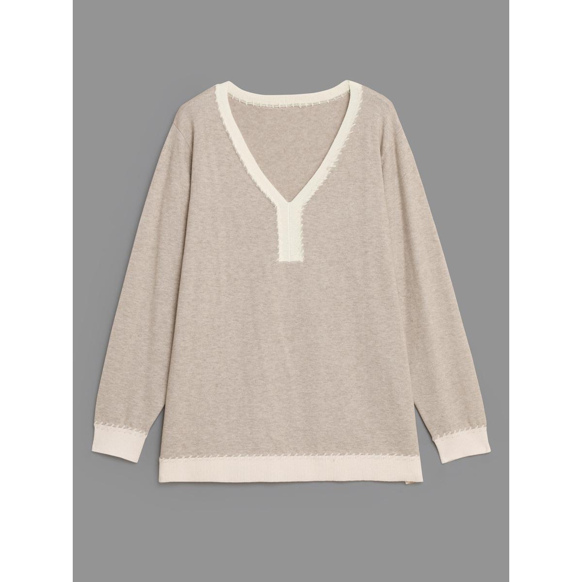 Plus Size Supersoft Essentials V Neck Contrast Crochet Pullover Apricot Women Casual Long Sleeve V-neck Everyday Pullovers BloomChic 12/L Product Image