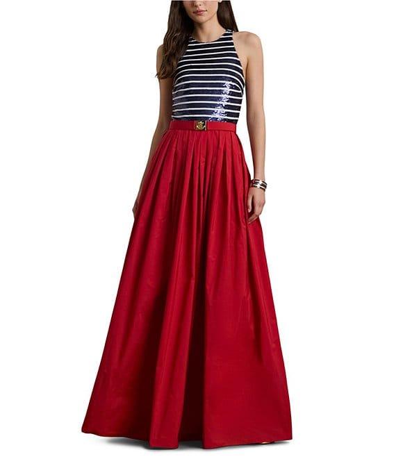 Lauren Ralph Laure Mix Media Sequin Stripe Print Halter Neck Sleeveless Gown Product Image