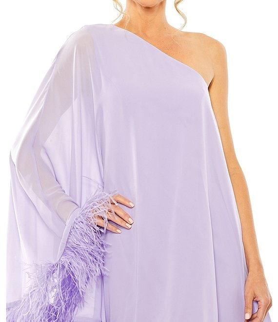 Mac Duggal One Shoulder Long Sleeve Feather Trim Shift Dress Product Image