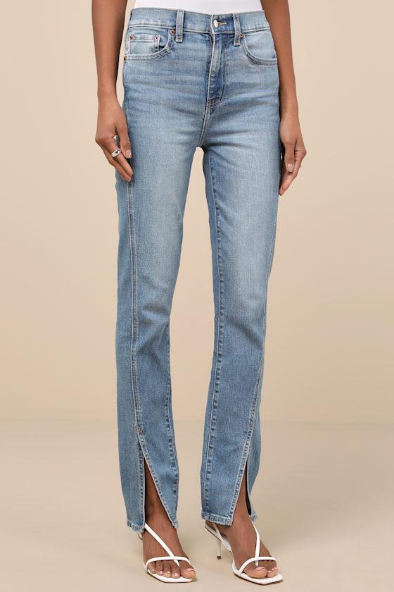 Downtown Light Wash High-Rise Split Hem Straight Leg Jeans Product Image