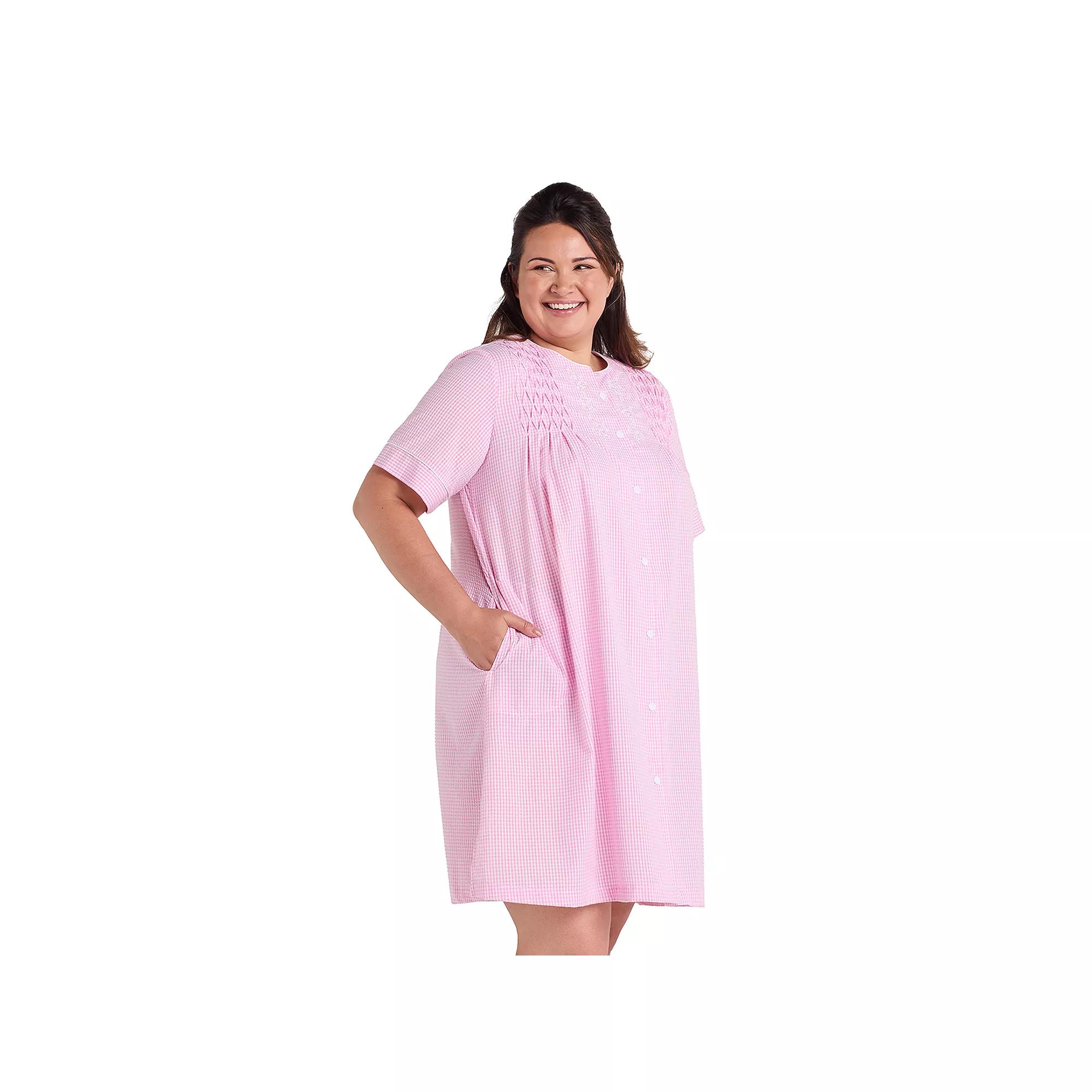 Plus Size Miss Elaine Essentials Seersucker Short Snap Robe, Women's, Size: 1XL, Pink White Check Product Image
