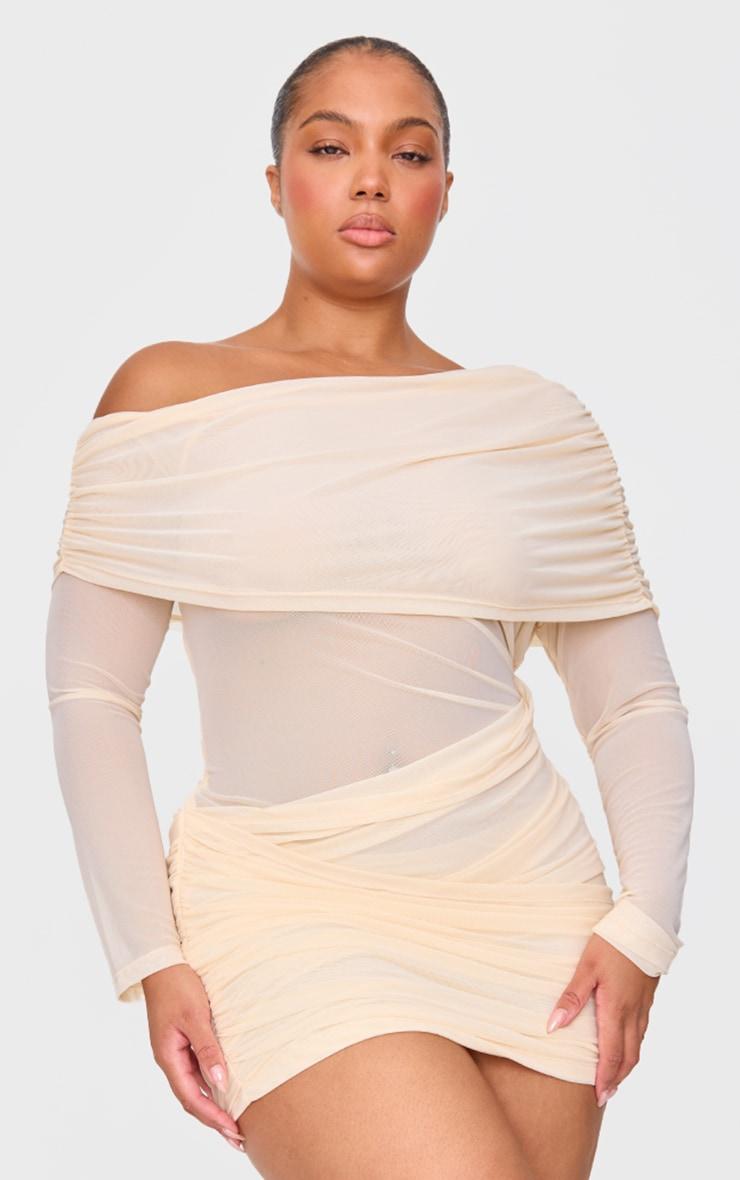 Cream Mesh Long Sleeve One Shoulder Bodycon Dress Product Image