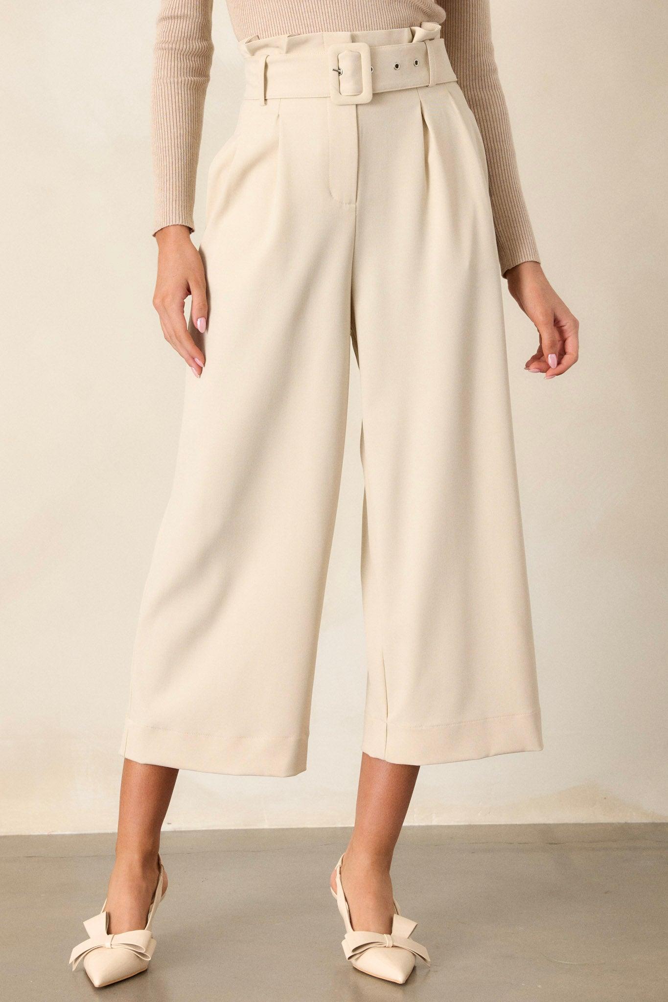 Place To Be Oatmeal Belted Wide Leg Pants Product Image