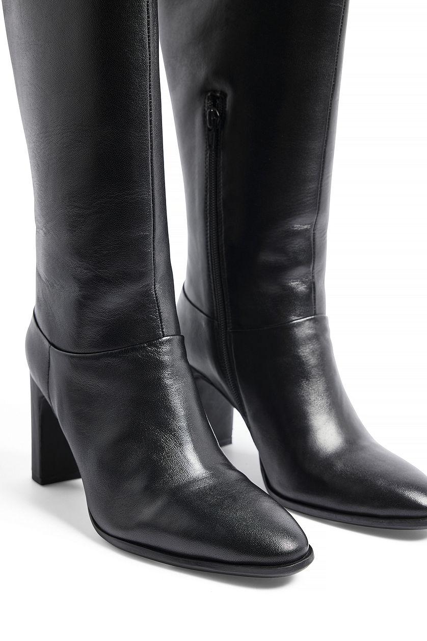 Rounded Toe Leather Knee High Boots Product Image
