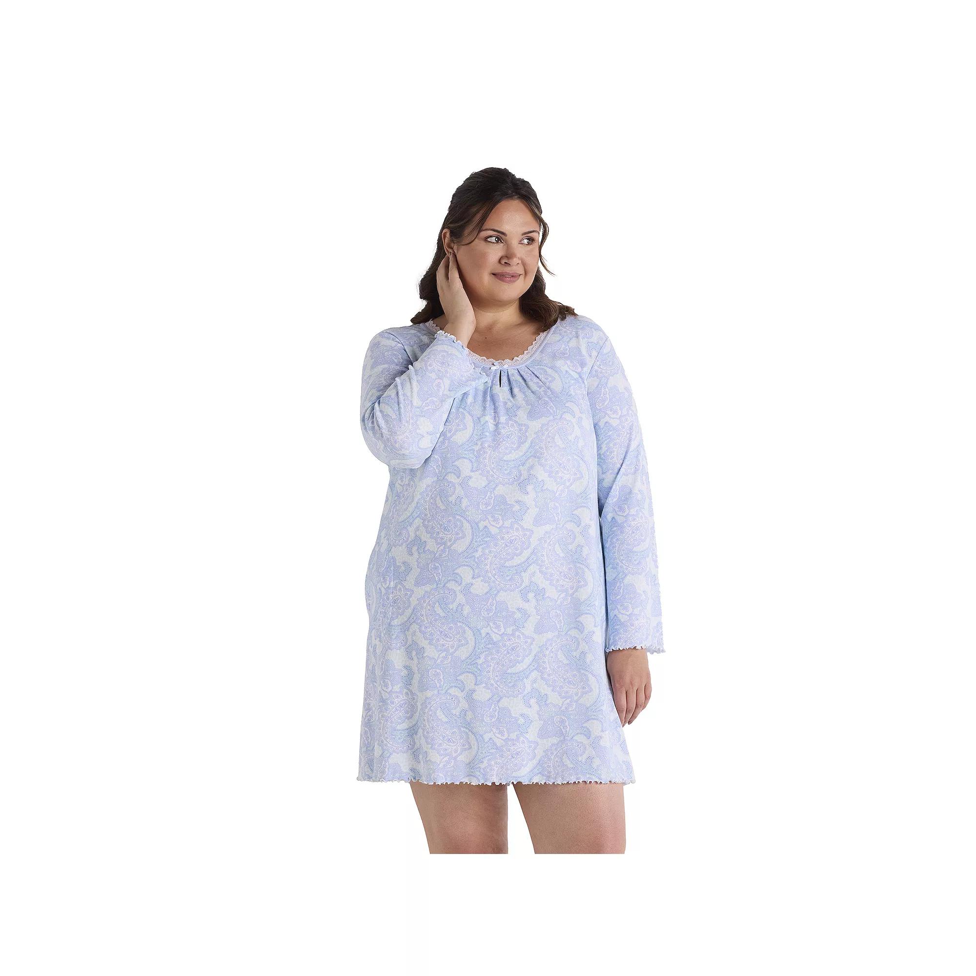 Plus Size Miss Elaine Essentials Cottonessa Long Sleeve Short Gown, Women's, Size: 2XL, Blue Paisley Product Image