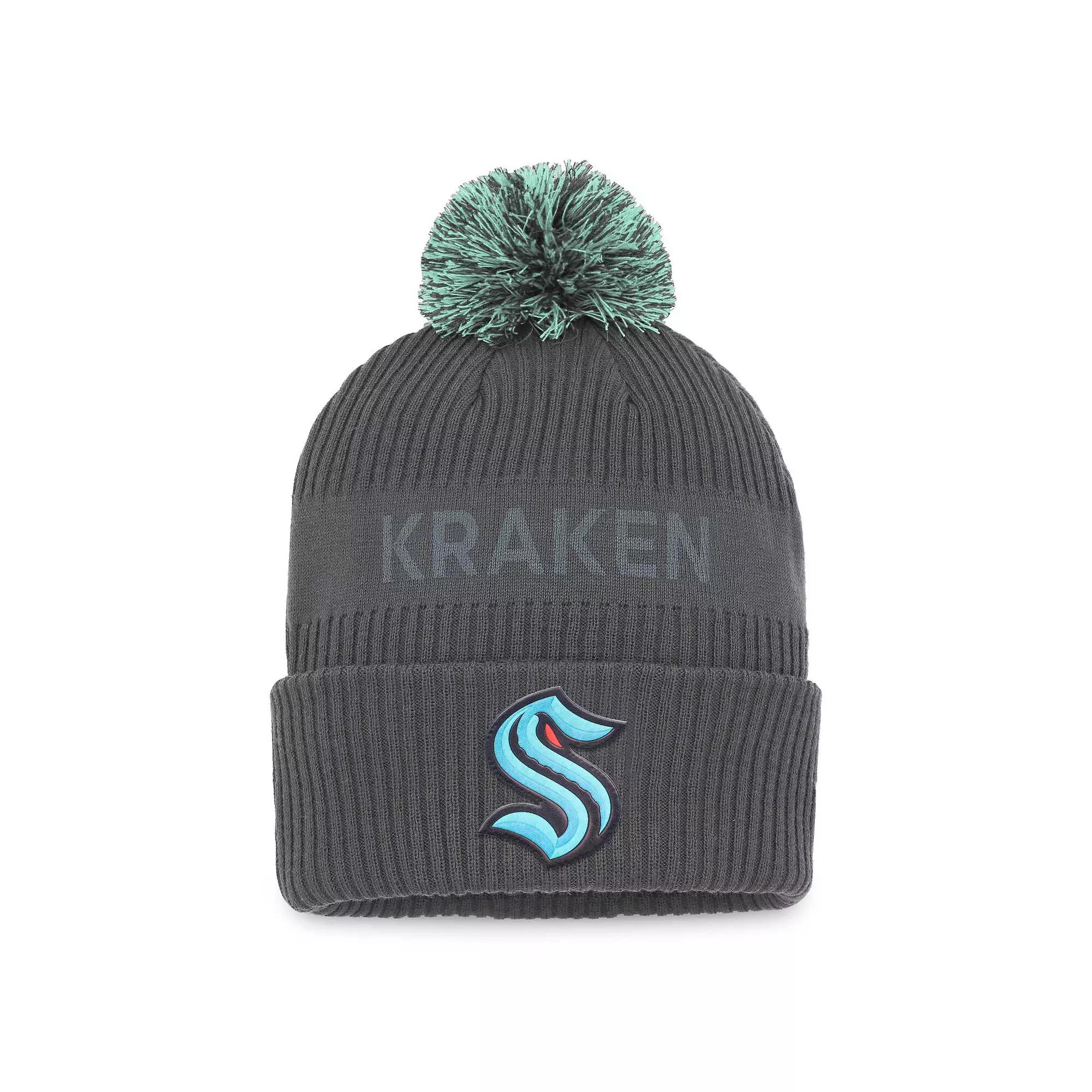 Men's Fanatics Branded Charcoal Seattle Kraken Authentic Pro Home Ice Cuffed Knit Hat with Pom, Krk Charco Product Image