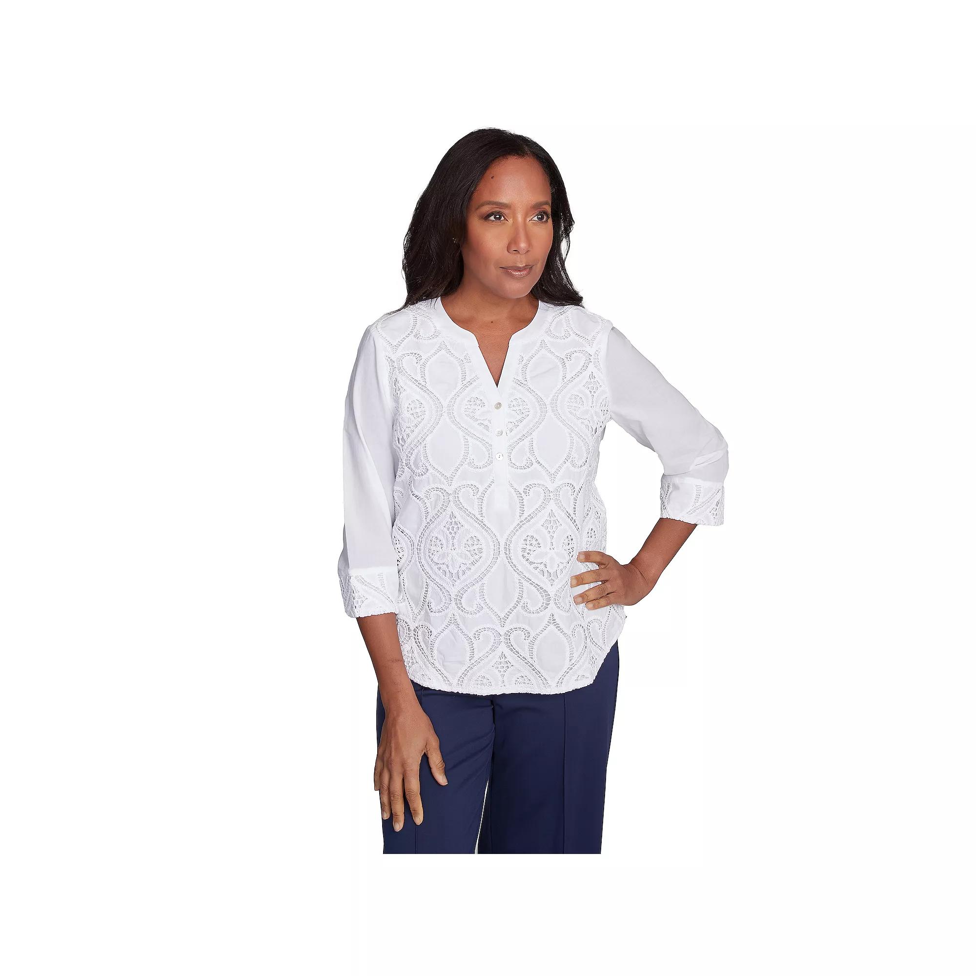 Women's Alfred Dunner Lace Scroll Henley Top, Size: Large, White Product Image