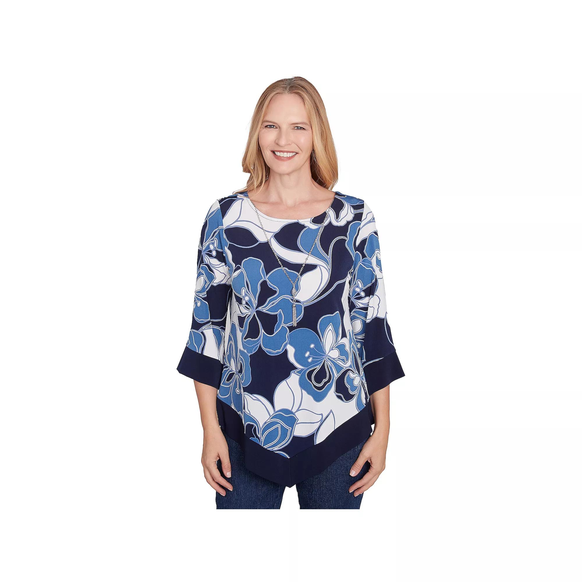 Petite Alfred Dunner Abstract Bold Floral Patchwork Top with Necklace, Women's, Size: Small Petite, Blue Product Image