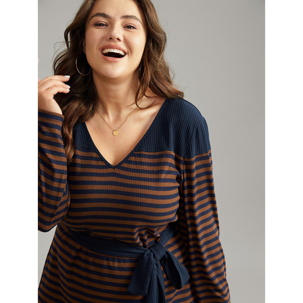 Plus Size Rib Knit Belted Patchwork Contrast Dress DarkBrown Women Casual Belted V-neck Long Sleeve Curvy Midi Dress BloomChic 18-20/2X Product Image
