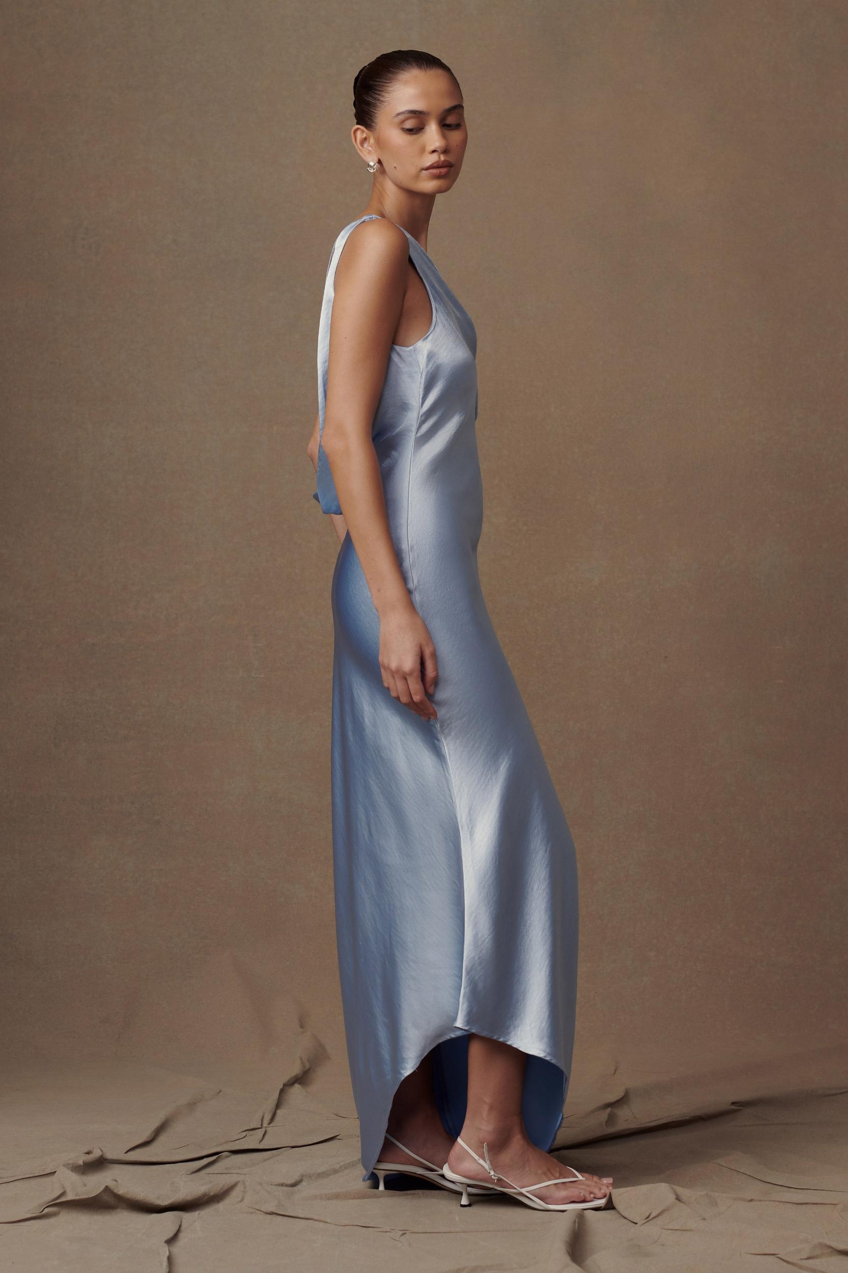 Yvette Slip Maxi Dress With Asymmetrical Hem - Cornflower Blue Product Image