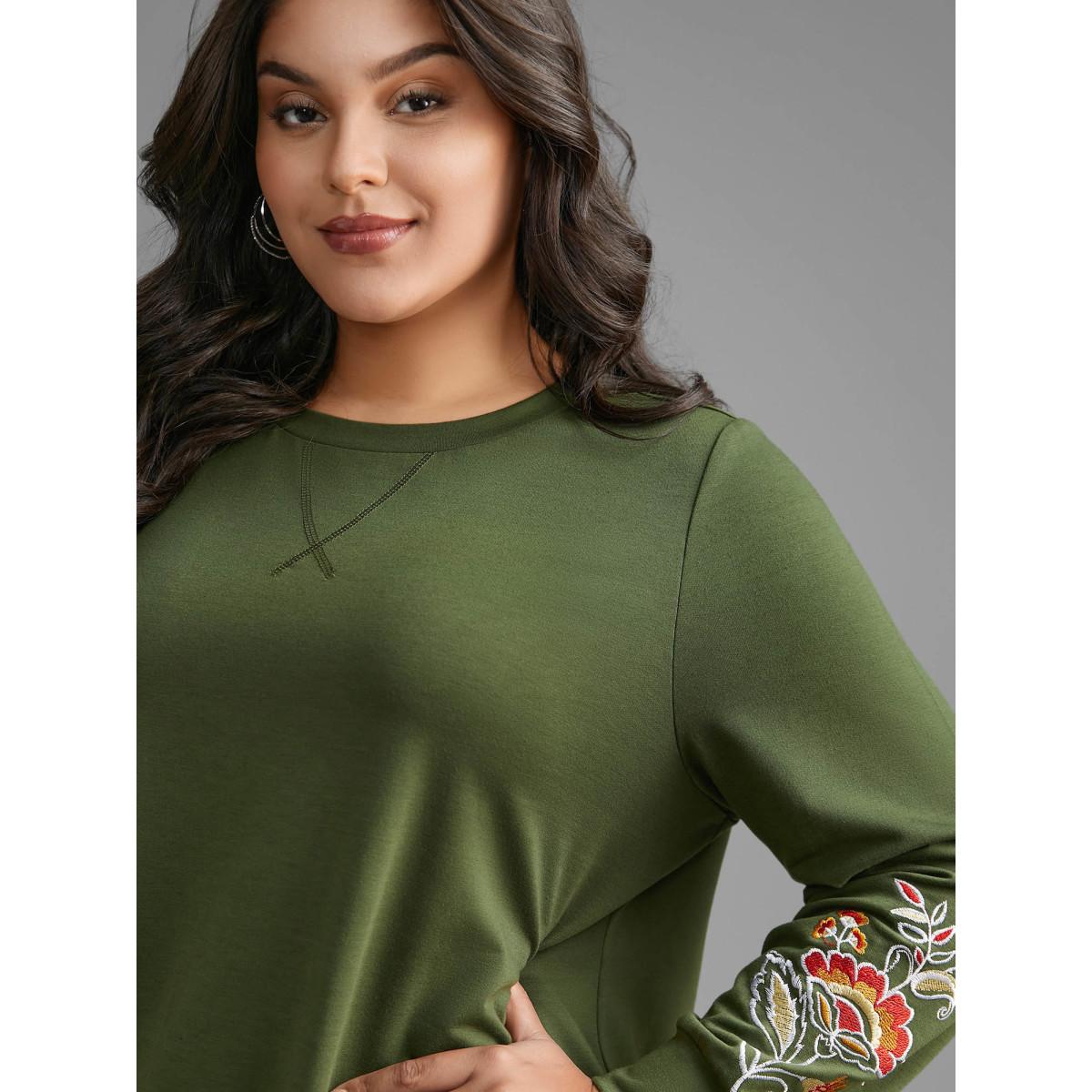 Plus Size Crew Neck Floral Embroidered Sweatshirt Women ArmyGreen Casual Embroidered Loose Round Neck Everyday Sweatshirts BloomChic 12/L Product Image
