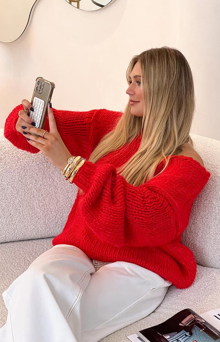 Delvey Red Chunky Knit Sweater Product Image