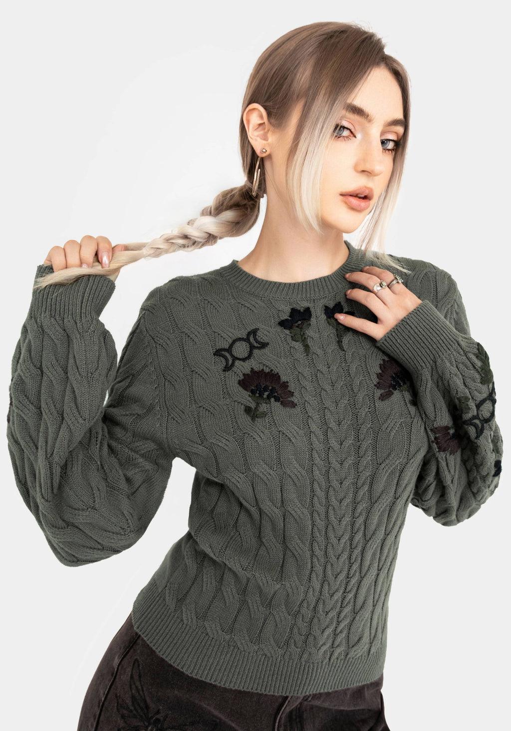 Clara Cotton Floral Embroidered Cable Knit Sweater Product Image