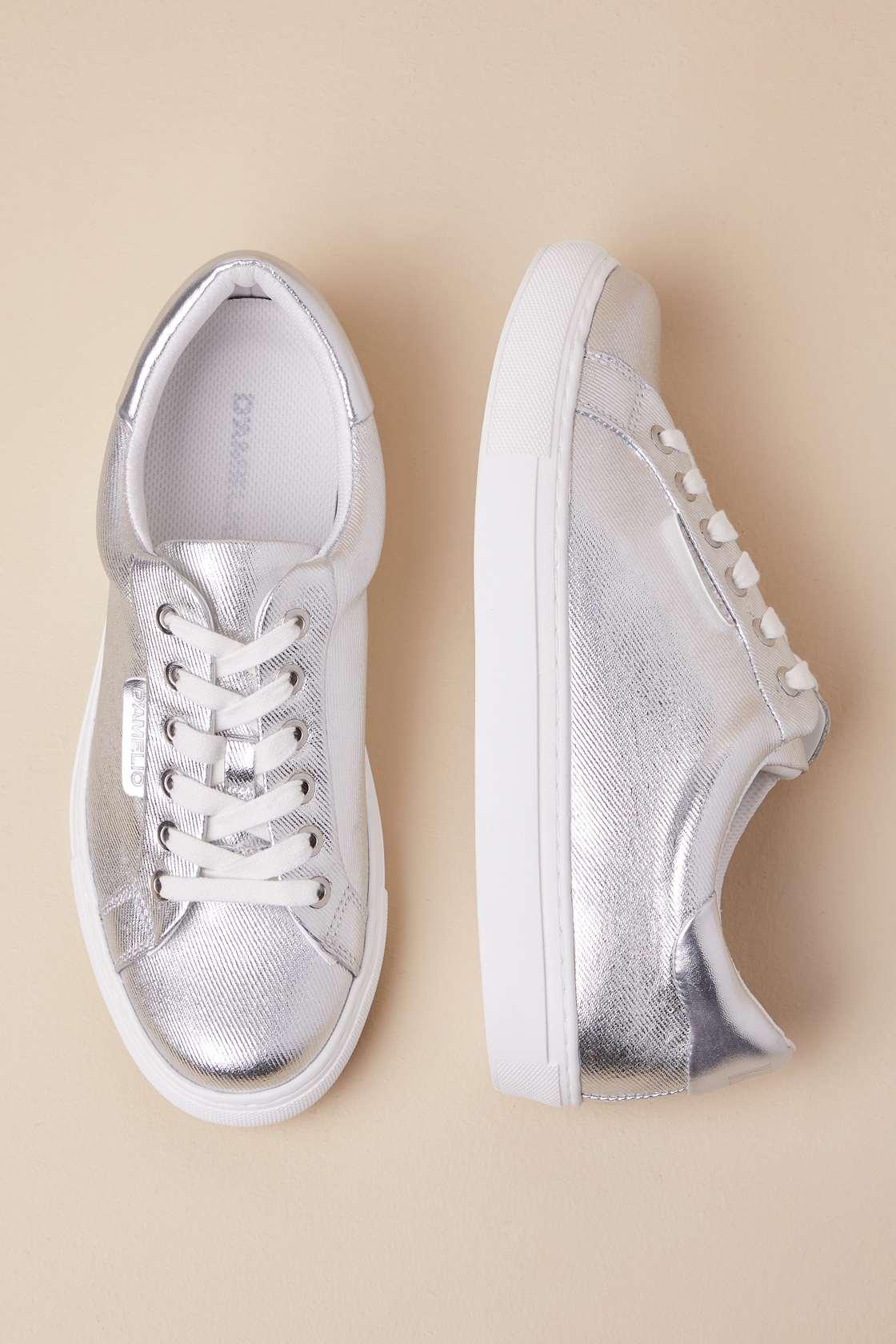 Sono Silver Metallic Coated Twill Lace-Up Sneakers Product Image