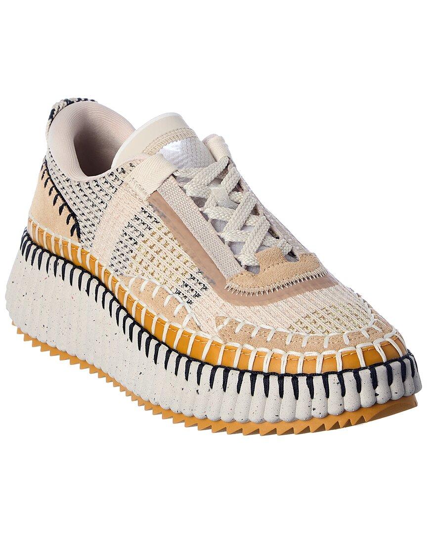 CHLOÉ Nama Embroidered Suede And Recycled-mesh Sneakers In Biscotti Beige Product Image
