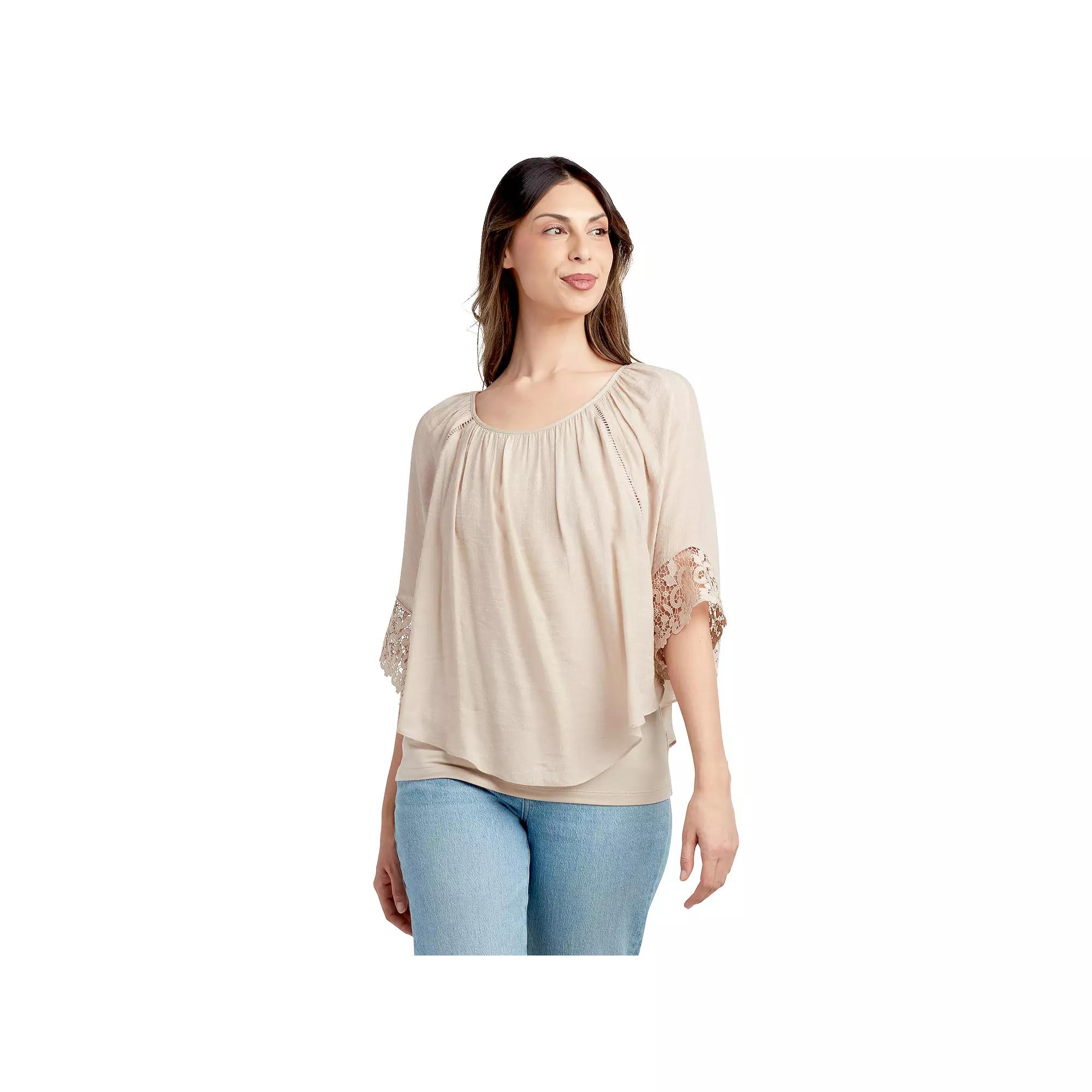 Womens AB Studio Popover Lace Trim Top Brown Product Image