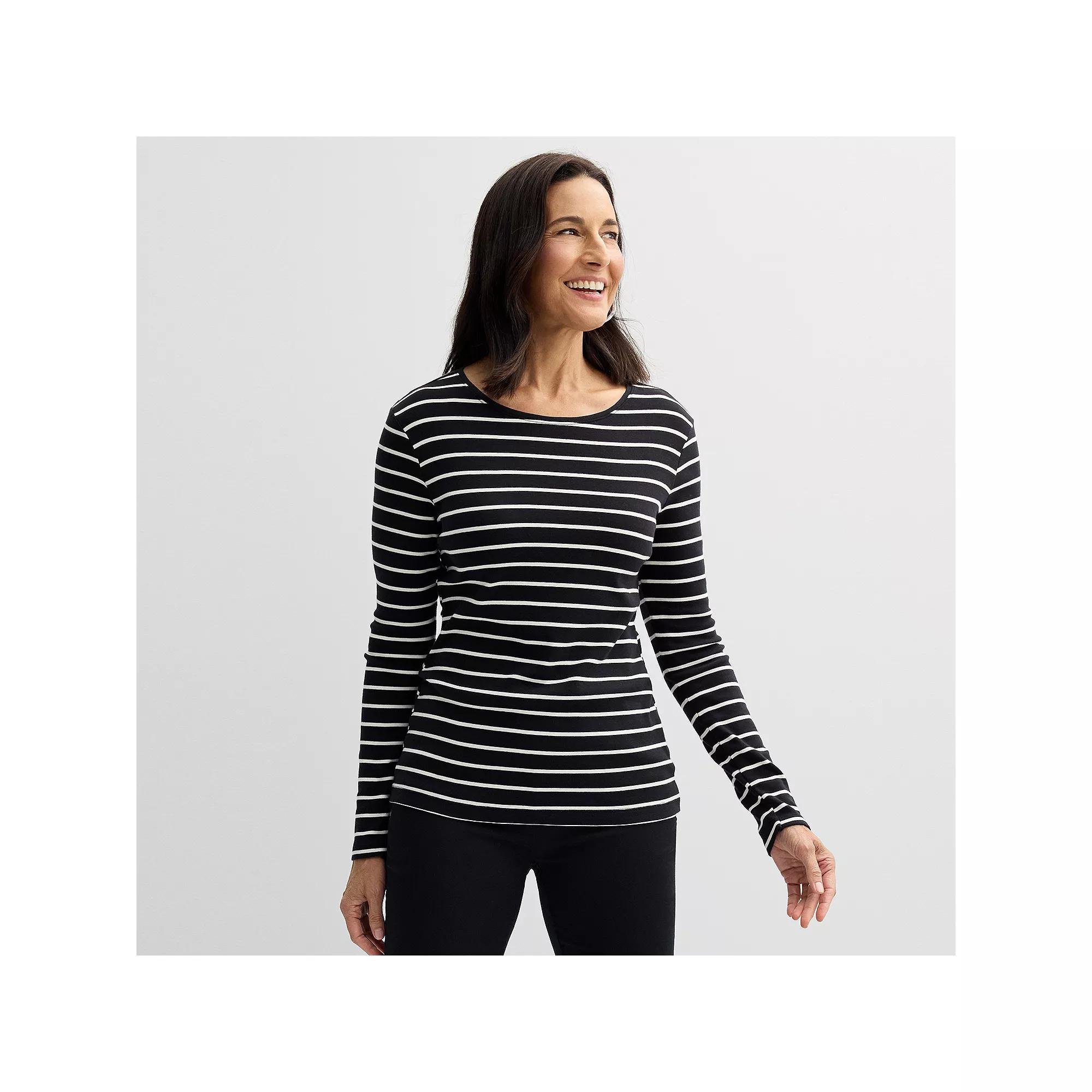 Women's Croft & Barrow® Essential Long-Sleeve Crewneck Tee, Size: XXL, Black Classy Stripe Product Image