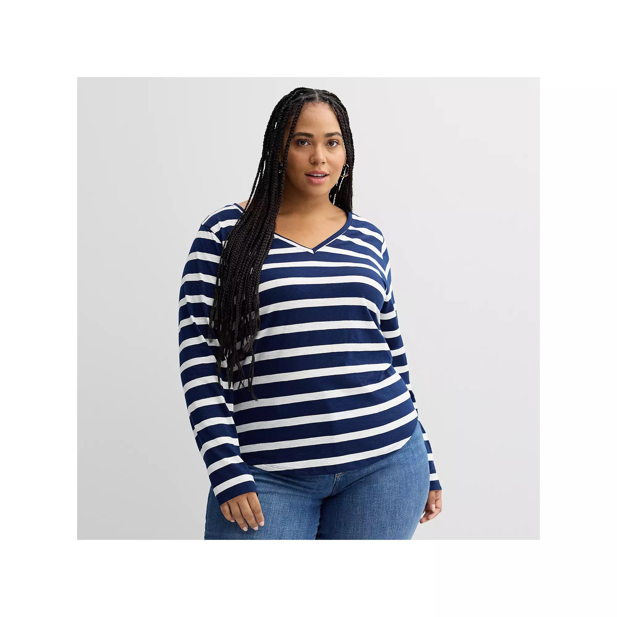 Plus Size Sonoma Goods For Life® Everyday Long Sleeve V-Neck Tee, Women's, Size: 3XL, Ivory Blue Stripe Product Image
