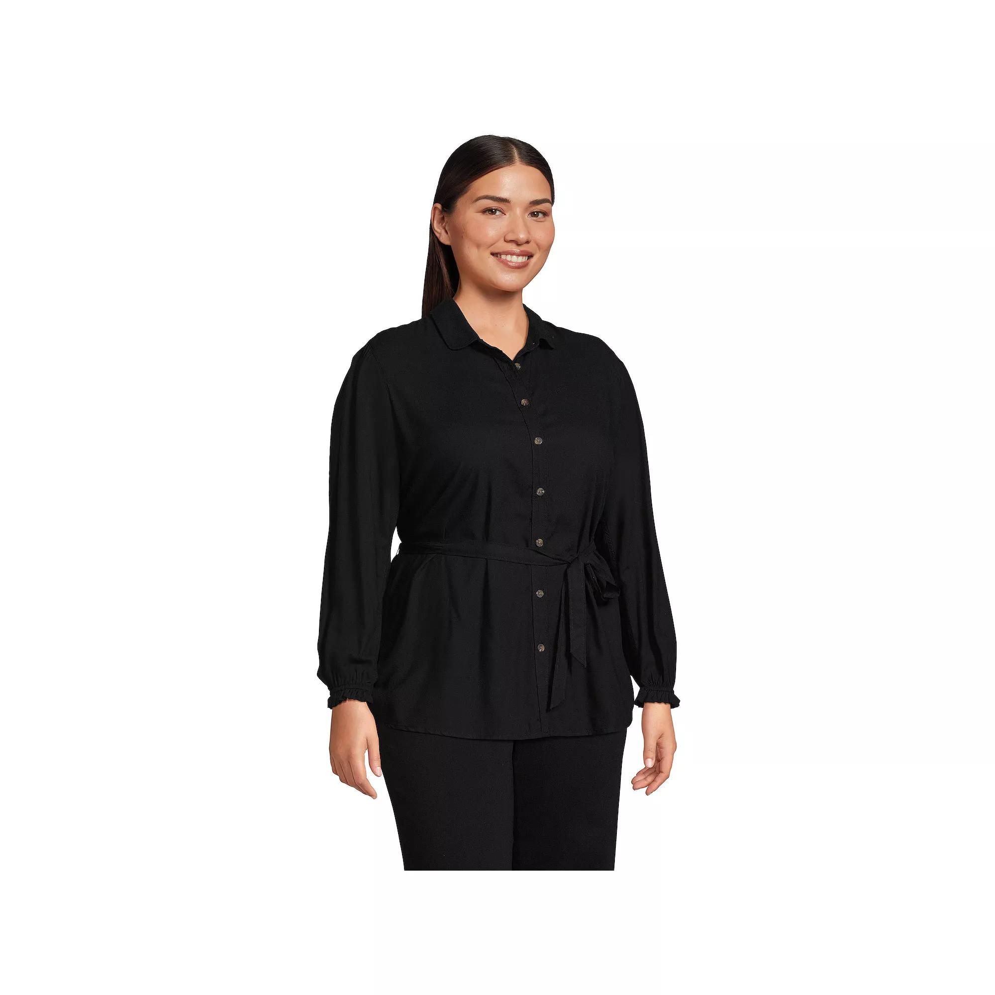Plus Size Lands' End Women's Tie Waist Shirt, Size: 1XL, Black Product Image