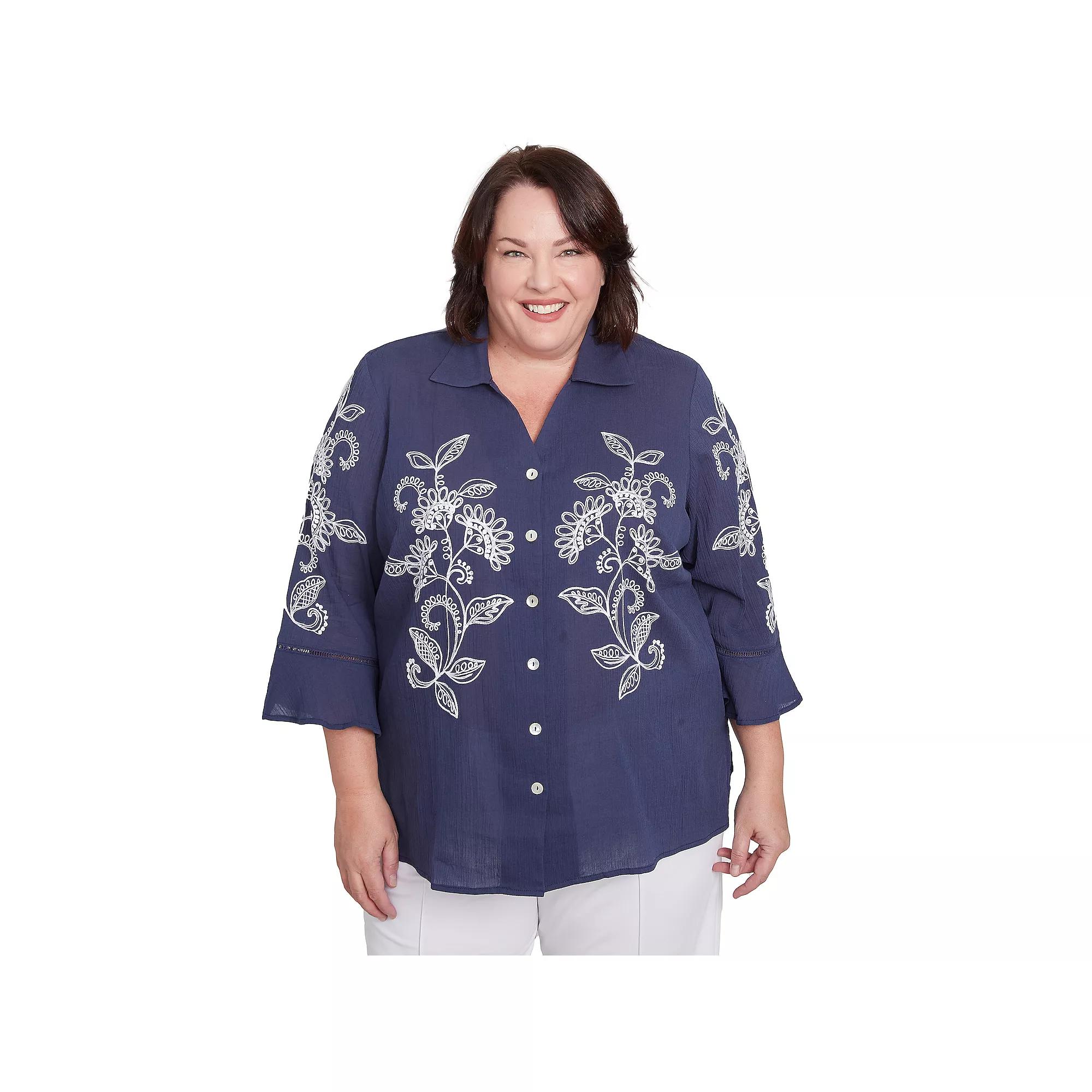 Plus Size Alfred Dunner Embroidered Marine Button Front Top, Women's, Size: 1XL, Marine Blue Product Image