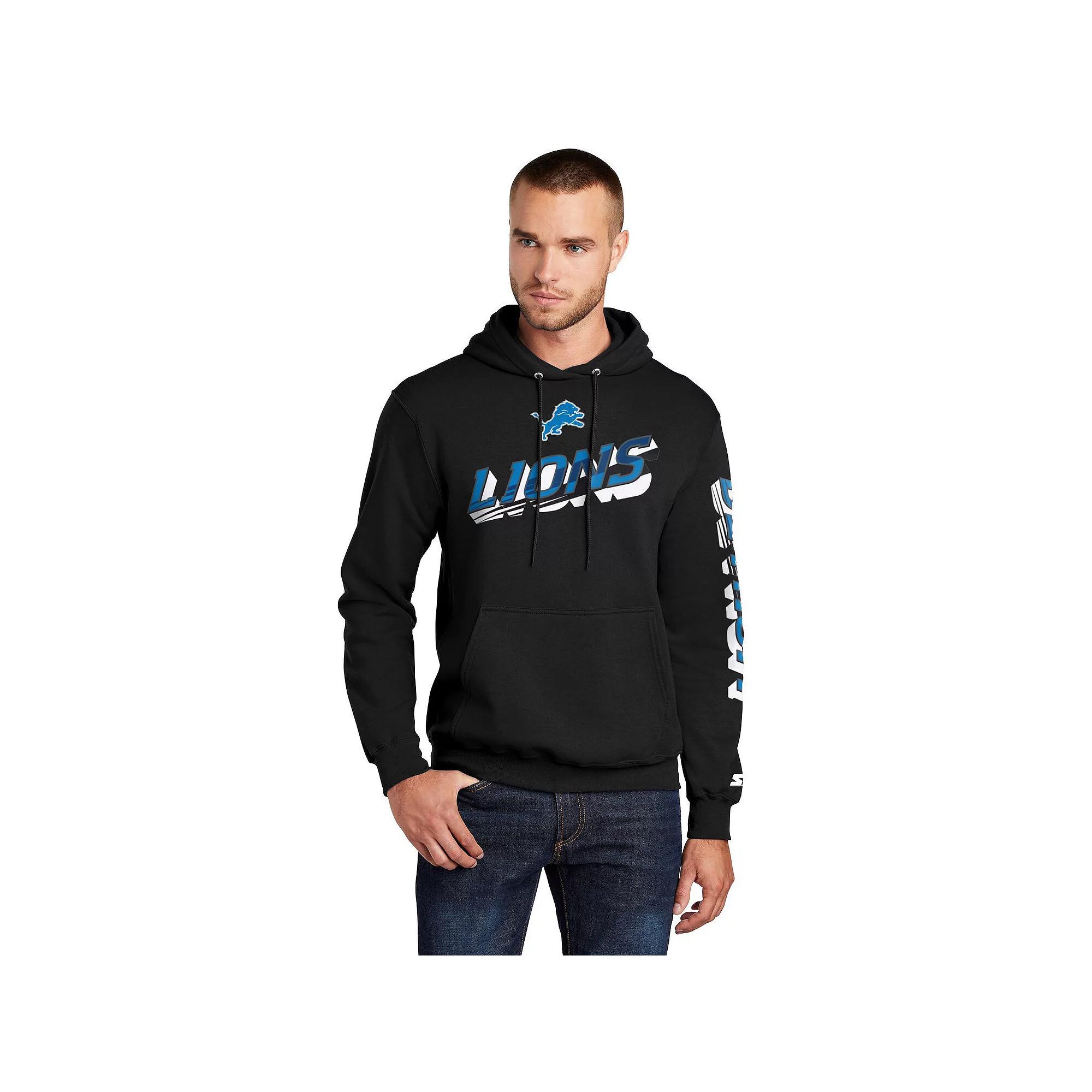 Men's Starter Black Detroit Lions Wordmark Logo Pullover Hoodie,  Product Image