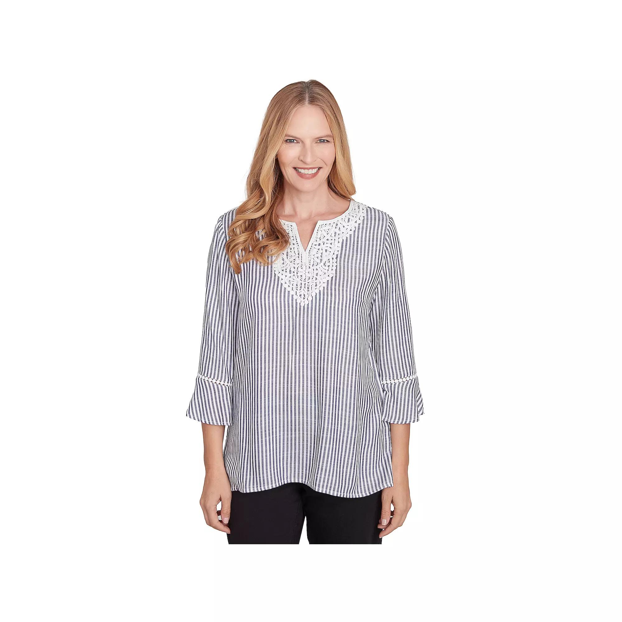 Women's Alfred Dunner Embroidered Split Neck Striped Top, Size: Medium, Black And White Product Image