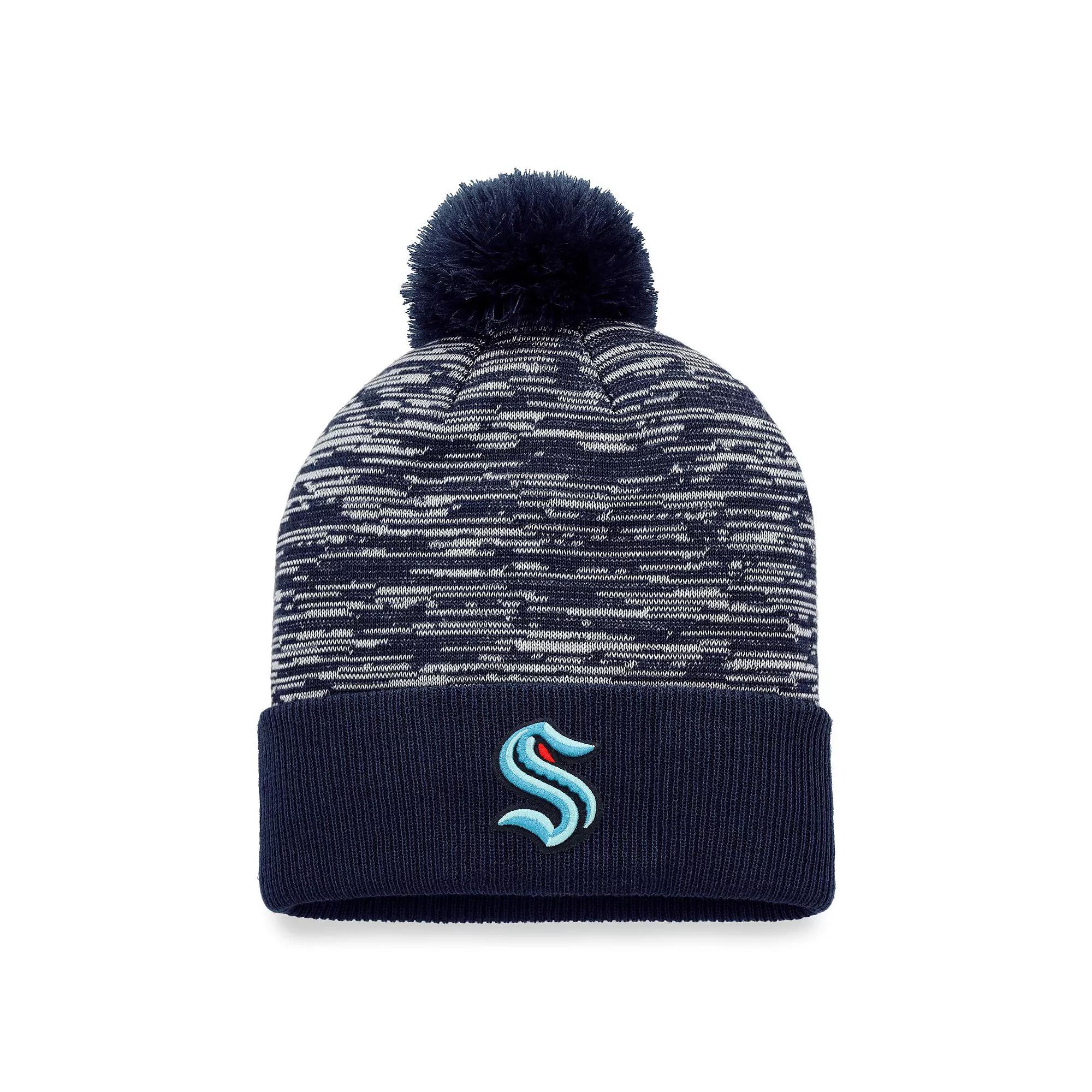 Men's Fanatics Branded Navy Seattle Kraken Defender Cuffed Knit Hat with Pom, Krk Blue Product Image
