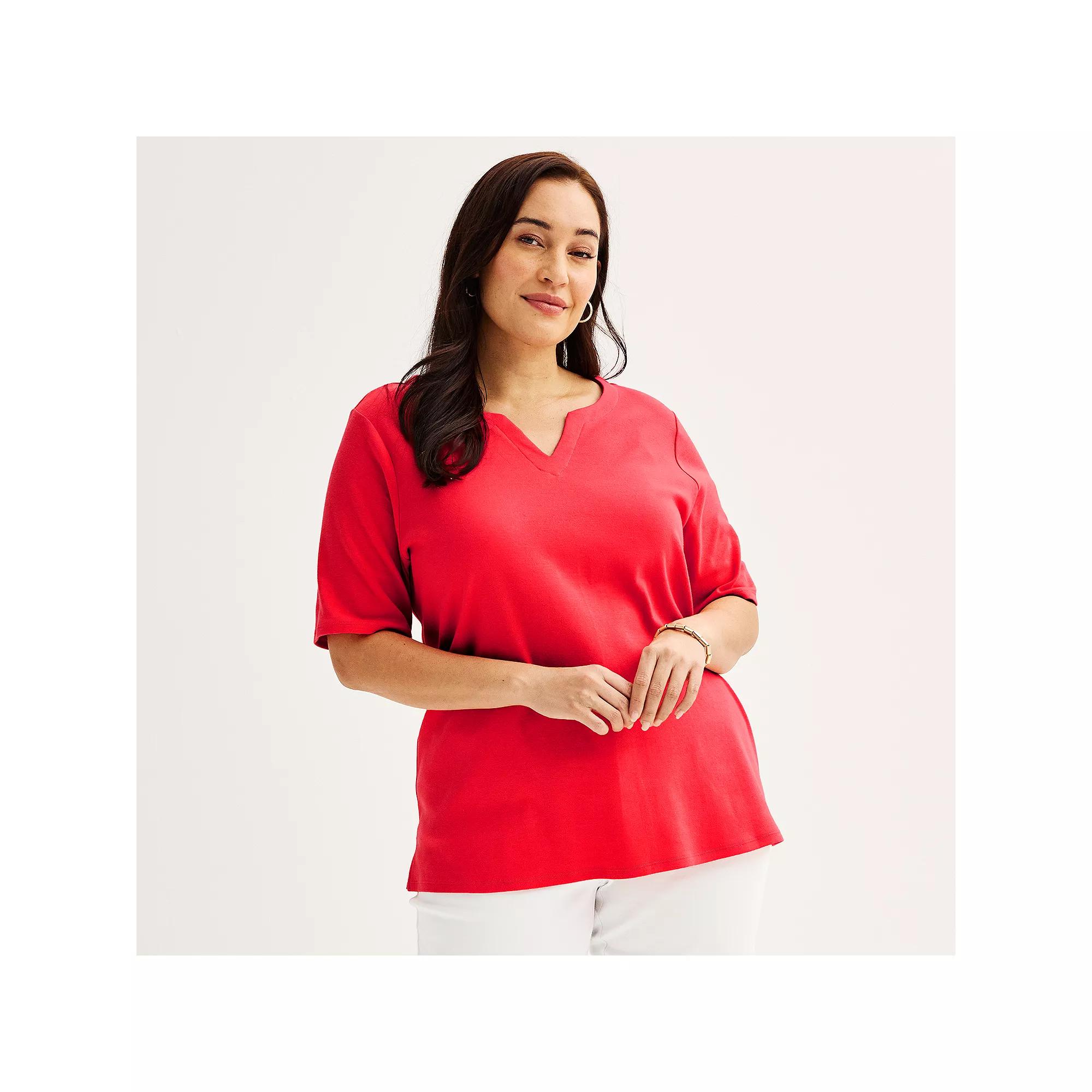 Plus Size Croft & Barrow® Elbow Sleeve Split Neck Top, Women's, Size: 2XL, Red Product Image