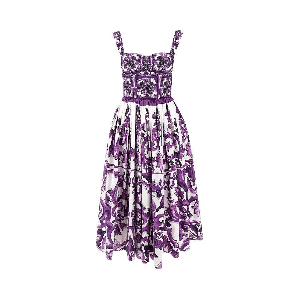 DOLCE & GABBANA Long Poplin Dress With Majolica Print In Purple Product Image