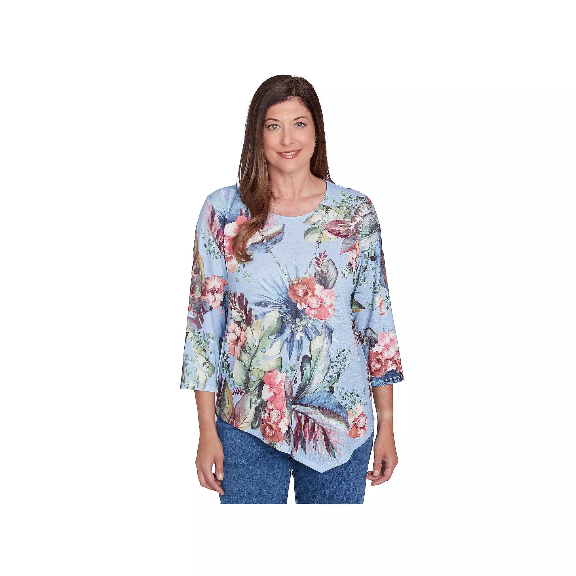 Petite Alfred Dunner Tropical Print Knit Top with Necklace, Women's, Size: Small Petite, Light Blue Product Image