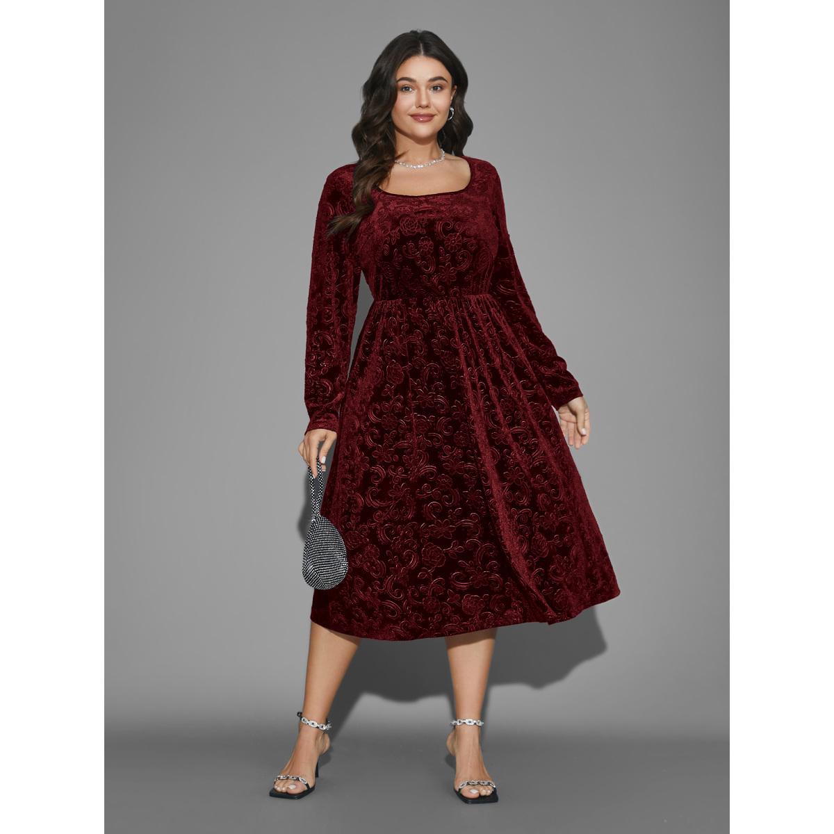 Plus Size Square Neck Floral Velvet Midi Dress Burgundy Women Cocktail Party Curvy Bloomchic 18-20/2X Product Image