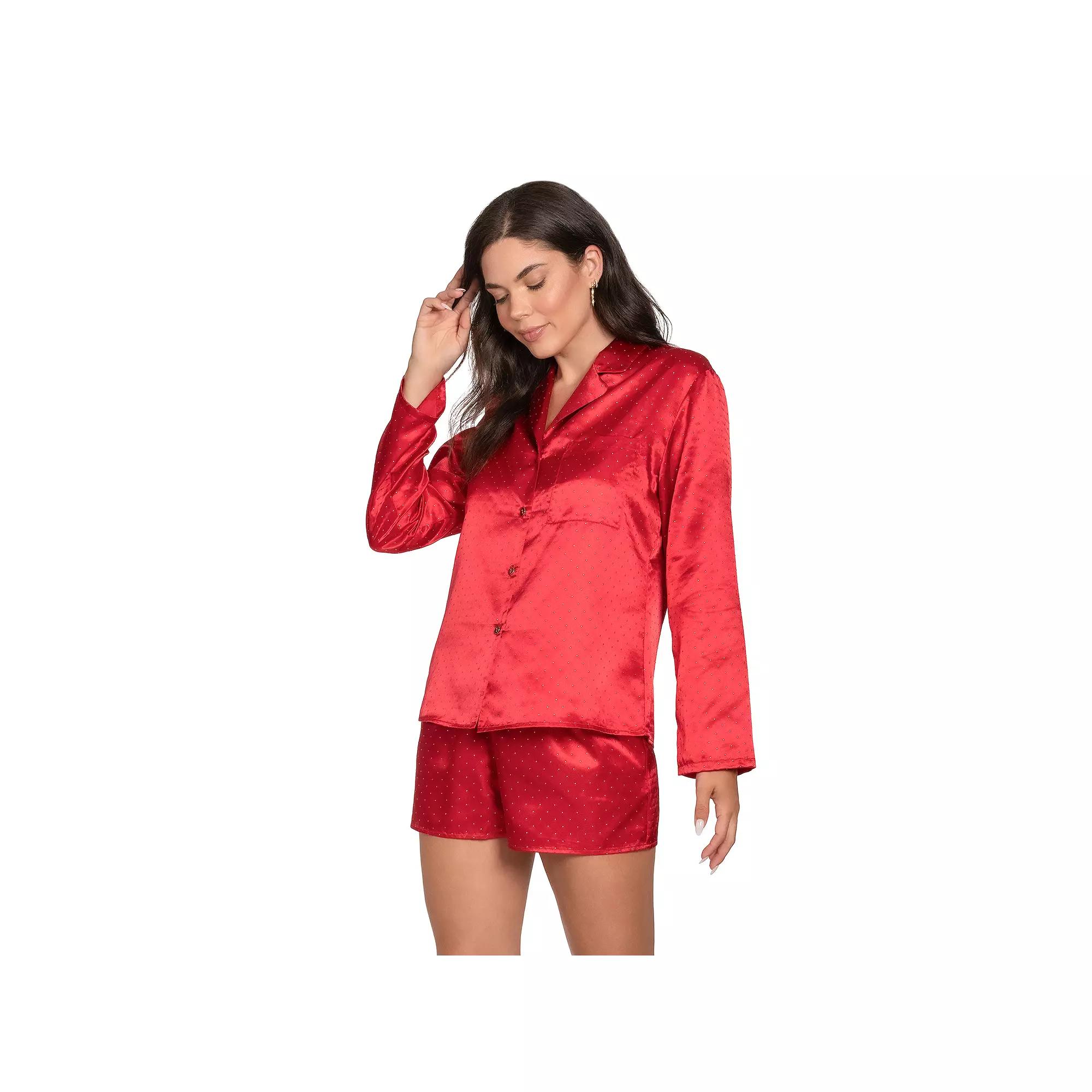 Women's Lilac+London Satin Button-Down Pajama Top & Pajama Shorts Set, Size: XXL, Green Product Image