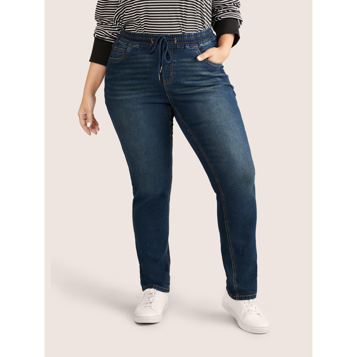 Plus Size Drawstring Elastic Waist Straight Leg Jeans Women Indigo Casual Plain Non High stretch Slanted pocket Jeans BloomChic 22/3X Product Image