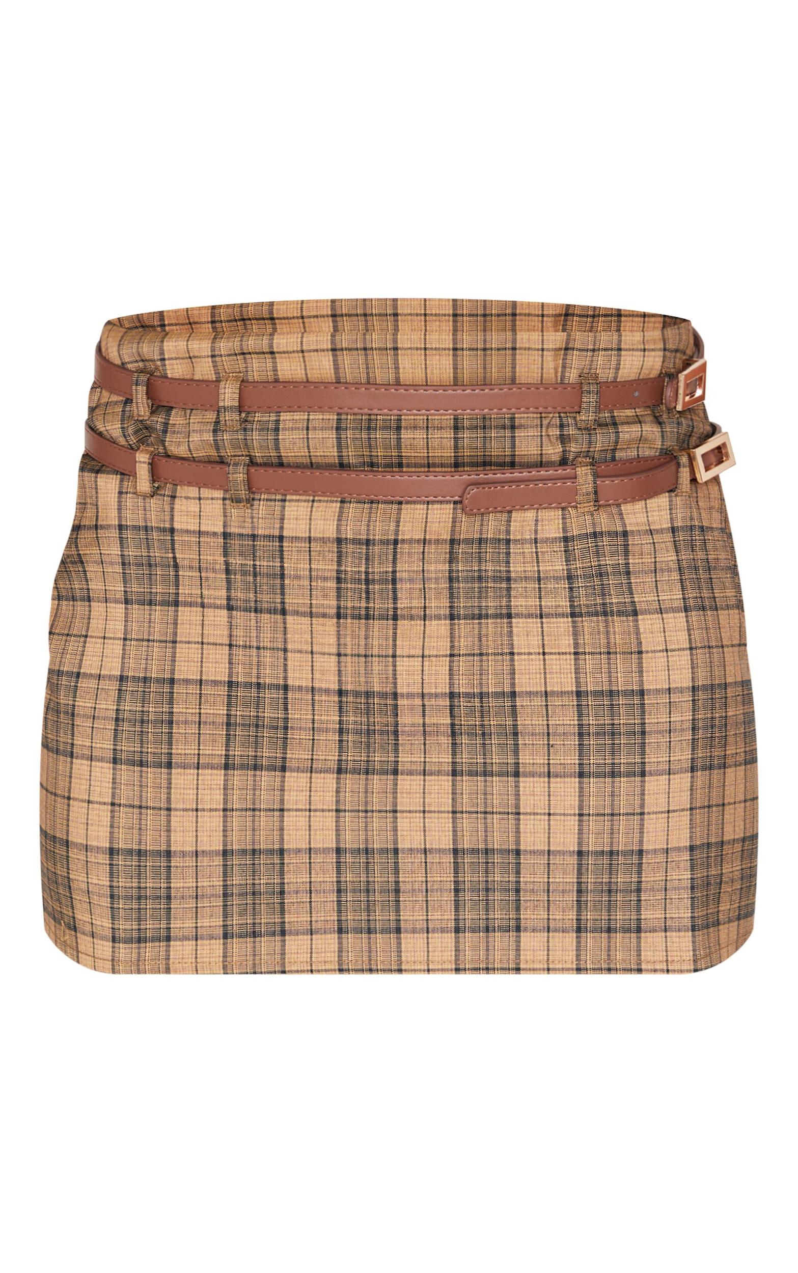 Mustard Plaid Printed Double Belt Tailored Low Rise Mini Skirt Product Image