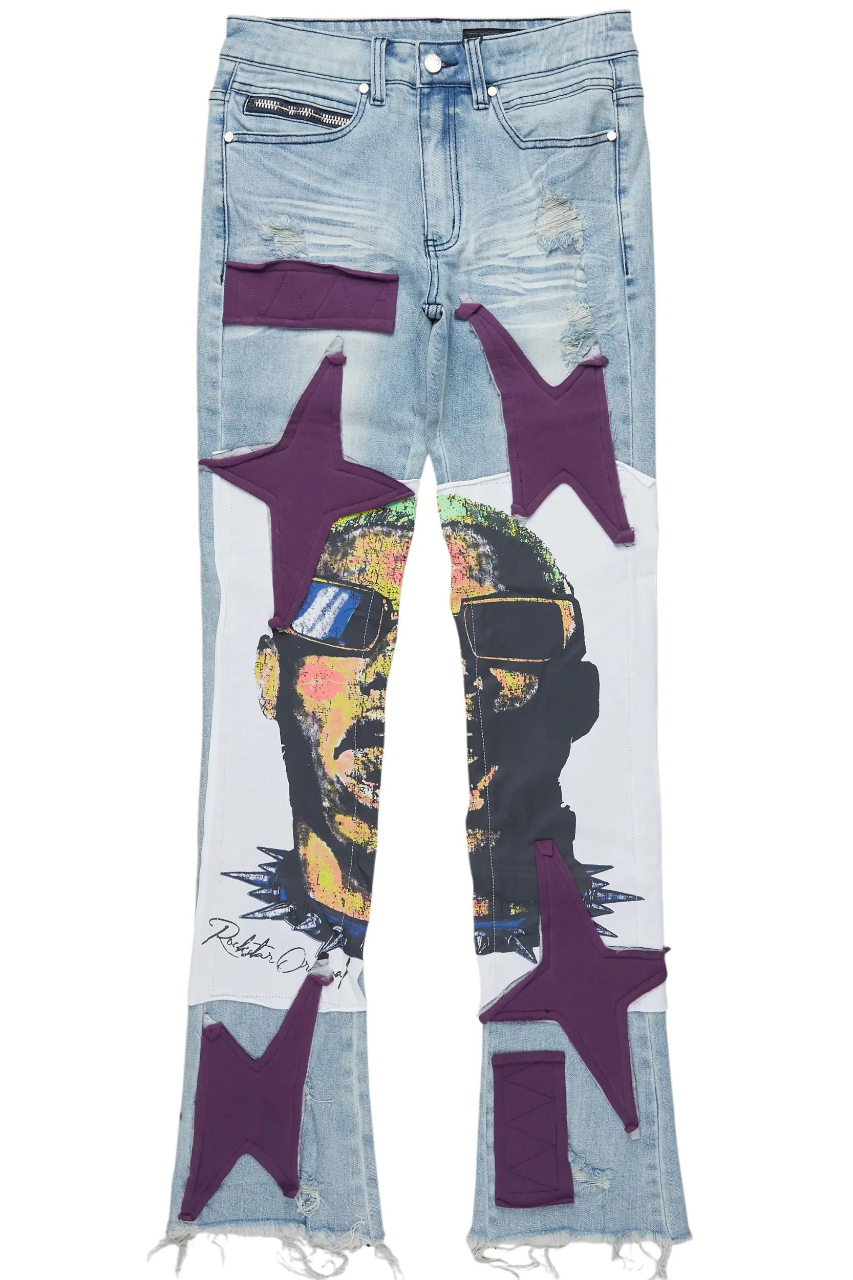 Savage Blue Patchwork Stacked Flare Jean Male Product Image