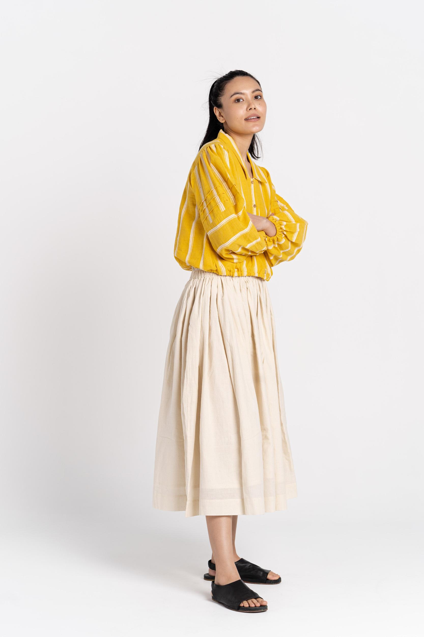 Off White Cotton Pleated Skirt Product Image