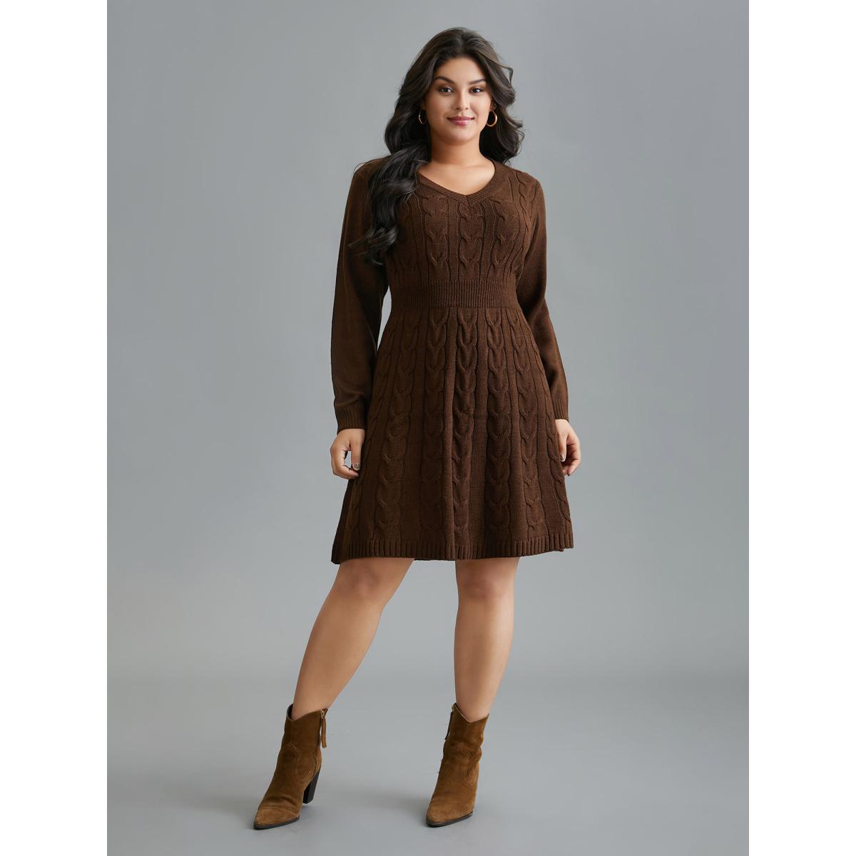 Plus Size Textured Cable Knit V-Neck Midi Sweater Dress Browncoffeecolor Women Leisure Bodycon Long Sleeve Casual Sweater Dresses BloomChic 26/4X Product Image