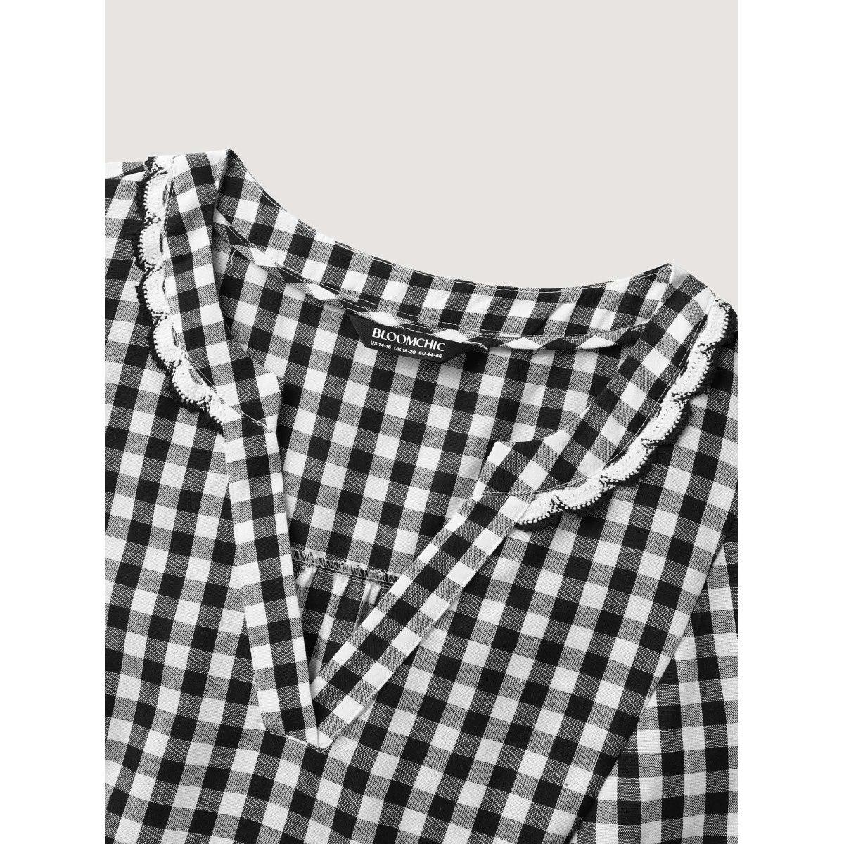 Plus Size Checkered Lace Trim Tiered Midi Dress Black Women Woven ribbon&lace trim Flat collar with V-notch Short sleeve Curvy BloomChic 18-20/2X Product Image