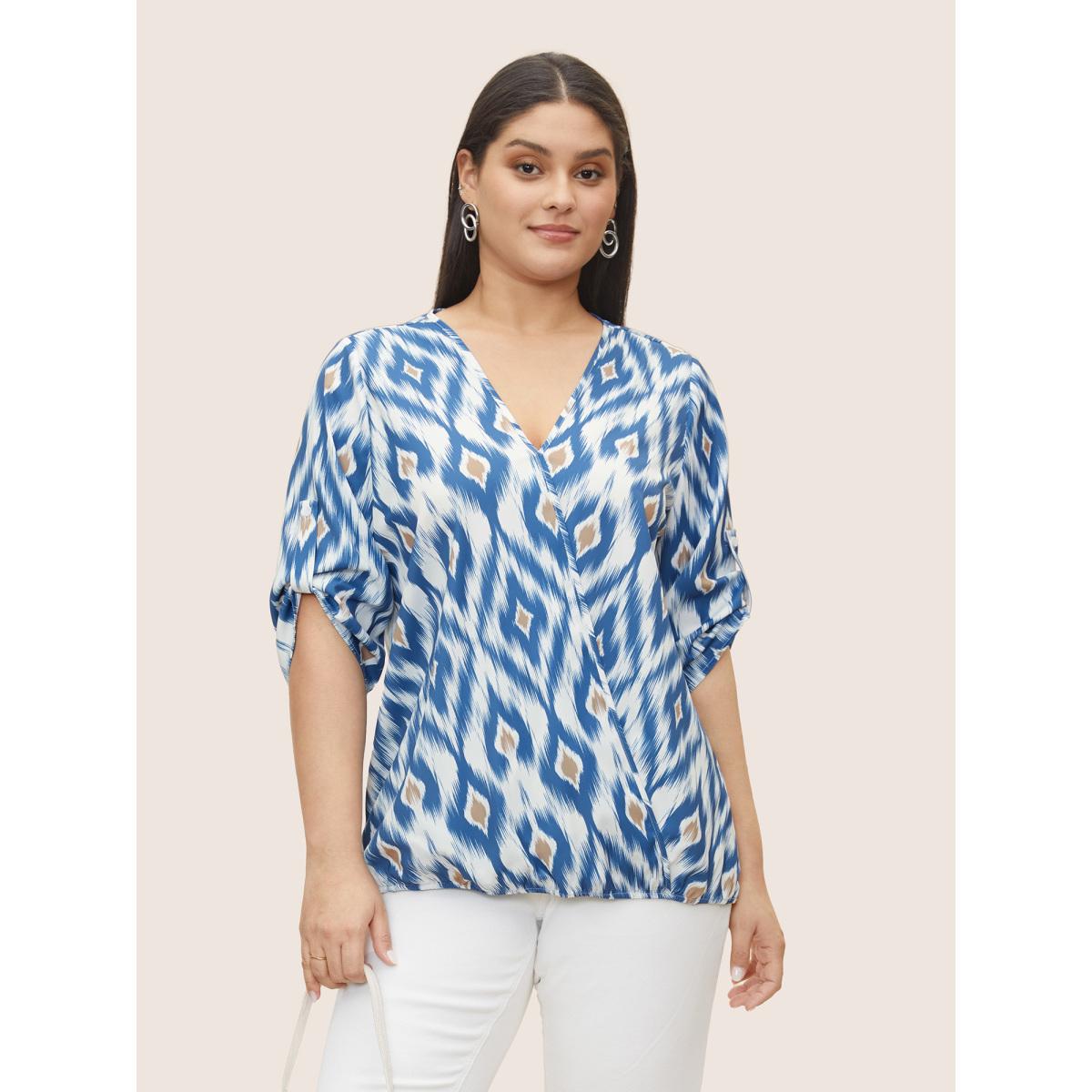 Plus Size Stone Geometric Surplice Neck Tab Sleeve Blouse Women Resort Elbow-length sleeve Overlap Collar Vacation Blouses BloomChic 22-24/3X Product Image