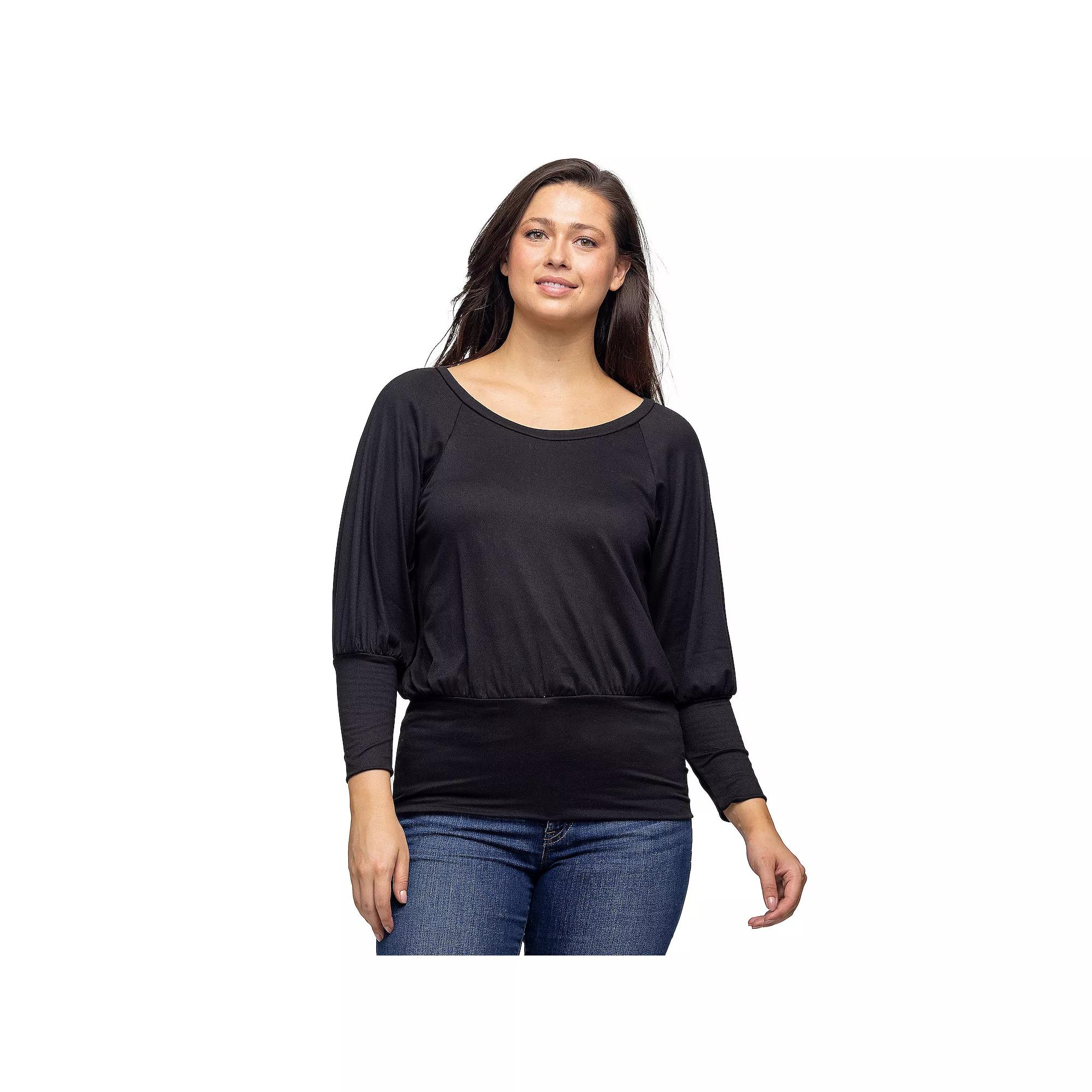 Women's 24Seven Comfort Apparel Round Neck Long Blouson Sleeve Banded Bottom Top,  Product Image